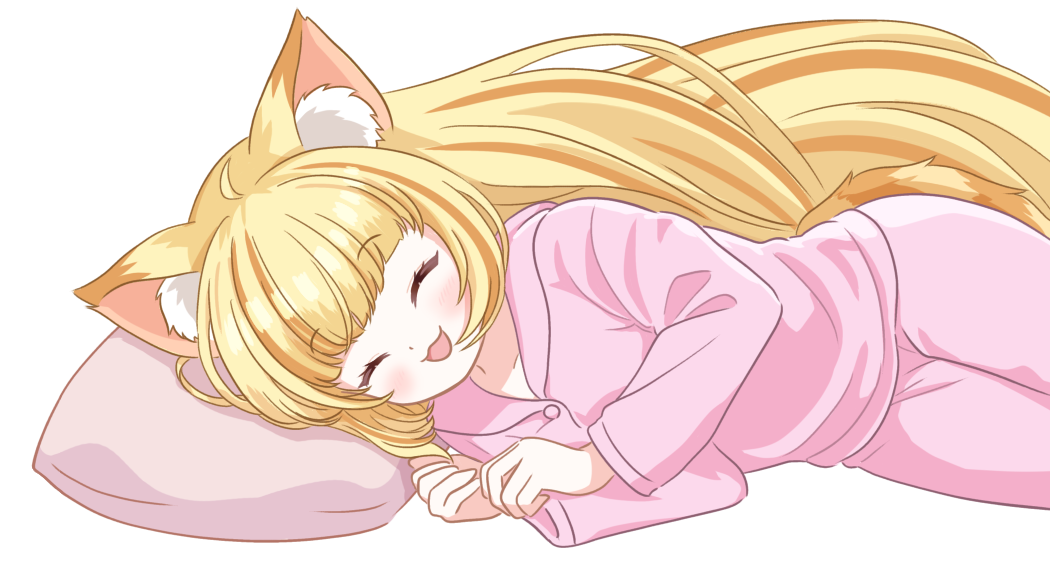 nyantasia, sanrio, 1girl, :d, ^ ^, animal ear fluff, animal ears, blonde hair, cat ears, cat girl, cat tail, closed eyes, head on pillow, kagunya, long hair, long sleeves, lying, multicolored hair, nyamamugi tart, on side, open mouth, orange hair, pajamas, pants, pillow, pink pajamas, pink pants, pink shirt, shirt, smile, streaked hair, tail, transparent background, virtual youtuber