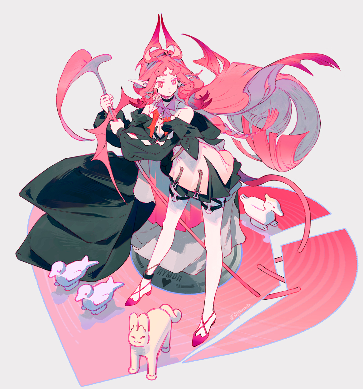 yuji (fantasia), original, highres, 1girl, bare shoulders, black dress, braid, closed mouth, dress, full body, grey background, high heels, holding, holding weapon, horns, long hair, long sleeves, off shoulder, pink eyes, pink hair, pointy ears, rabbit, solo, standing, tail, very long hair, weapon