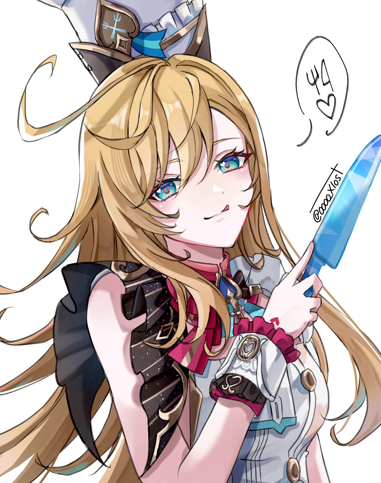 kuromuru, escoffier (genshin impact), genshin impact, highres, 1girl, :p, aqua eyes, blonde hair, blush, breasts, chef hat, dress, fork hair ornament, hat, holding, holding knife, knife, long hair, medium breasts, smile, solo, tongue, tongue out, white background, white dress, white hat, wrist cuffs