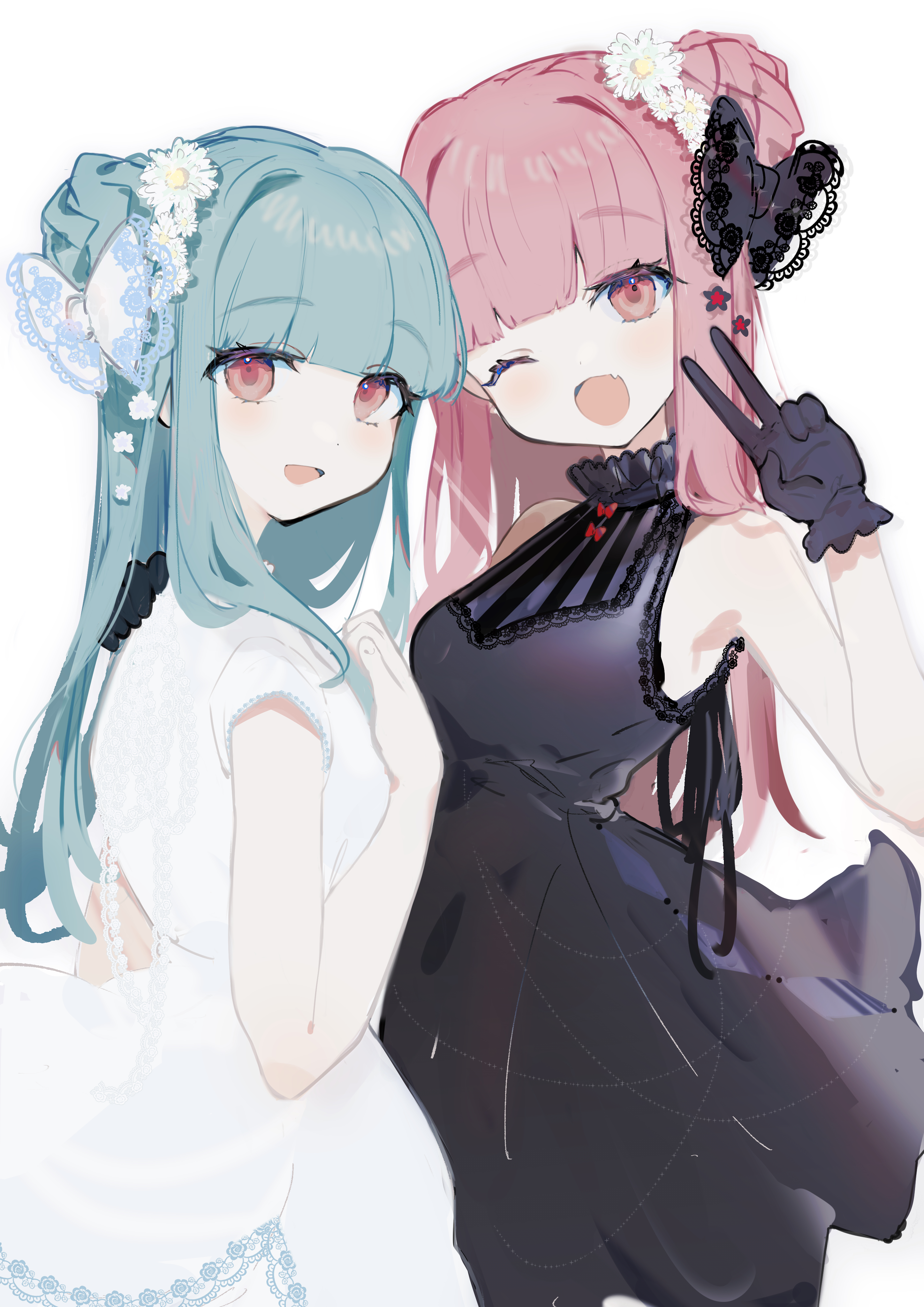 imamiya pinoko, kotonoha akane, kotonoha aoi, voiceroid, absurdres, highres, 2girls, :d, bare arms, black bow, black dress, black gloves, blue hair, blunt bangs, bow, butterfly bowtie, cowboy shot, daisy (flower), dress, fang, flower, gloves, grey background, hair bow, hair flower, hair ornament, hand on another's shoulder, hand on own chest, lace-trimmed bow, lace trim, light blush, multiple girls, one eye closed, open mouth, pink hair, red eyes, siblings, sisters, skin fang, sleeveless, sleeveless dress, smile, v, white background, white bow, white dress, white flower