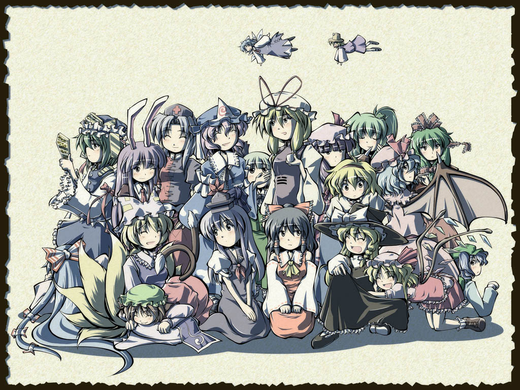 nagi (pasteljam), pasteljam, alice margatroid, chen, cirno, flandre scarlet, fujiwara no mokou, hakurei reimu, kagiyama hina, kamishirasawa keine, kawashiro nitori, kirisame marisa, kochiya sanae, konpaku youmu, moriya suwako, patchouli knowledge, reisen udongein inaba, remilia scarlet, saigyouji yuyuko, shiki eiki, yagokoro eirin, yakumo ran, yakumo yukari, touhou, silver hair, 6+girls, animal ears, animal hat, blonde hair, brown hair, cat ears, cat girl, cat tail, detached sleeves, dress, everyone, female focus, flat cap, fox ears, fox tail, front ponytail, green hair, hairband, hat, holding, long sleeves, looking at viewer, mob cap, multiple girls, multiple tails, outstretched arms, puffy short sleeves, puffy sleeves, purple eyes, purple hair, rabbit ears, red dress, ribbon, rod of remorse, shoes, short hair, short sleeves, sitting, tail, tassel, triangular headpiece, wide sleeves, wings