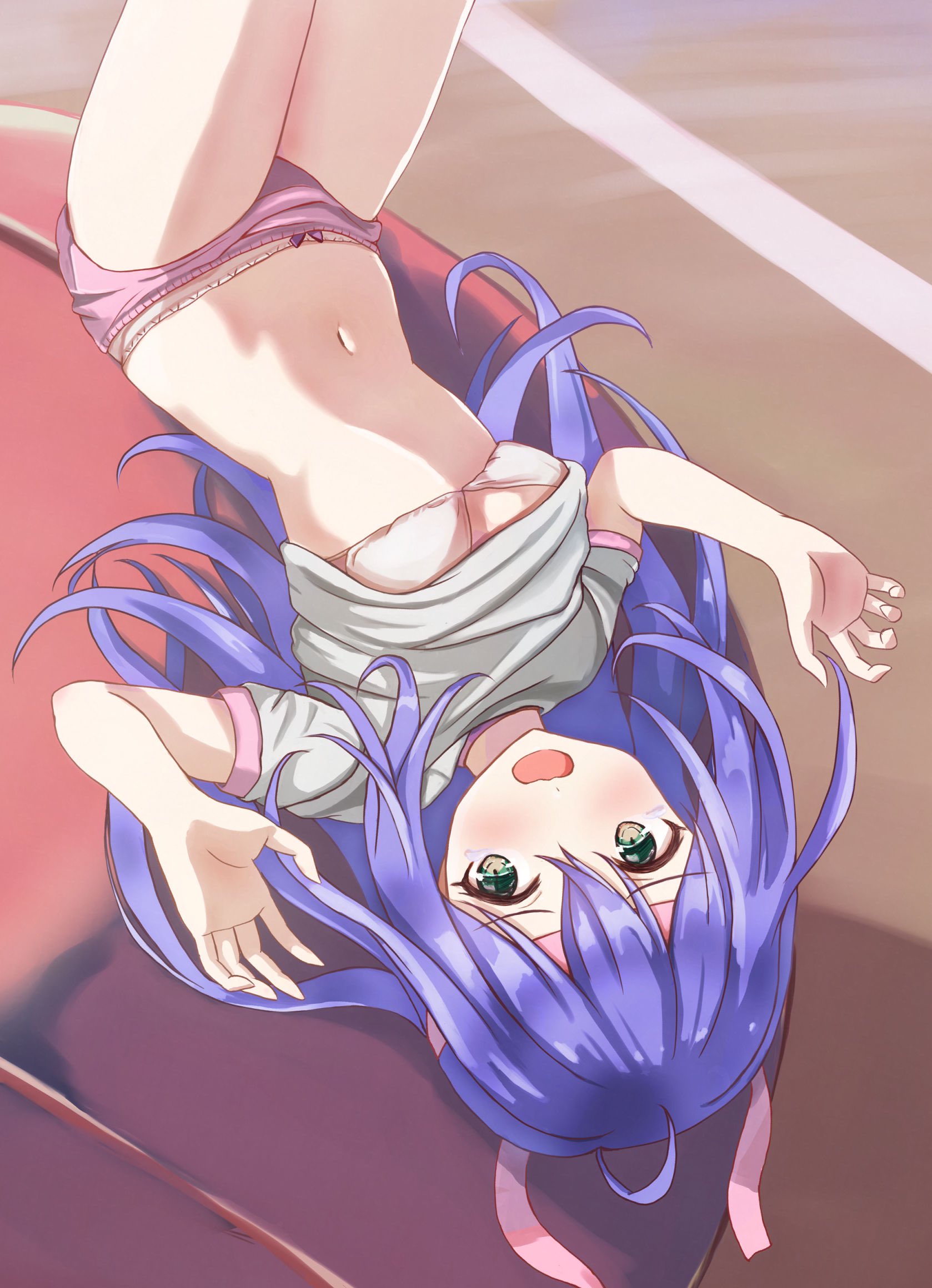 miuoisi, mochizuki anna, idolmaster, idolmaster million live!, idolmaster million live! theater days, commentary request, highres, 1girl, blush, bow, bow panties, bra, brown eyes, buruma, clothes lift, cowboy shot, embarrassed, grey shirt, gym shirt, gym uniform, hands up, long hair, looking at viewer, lying, navel, on back, open mouth, outdoors, panties, panties under buruma, pink bra, pink buruma, pink panties, purple hair, shirt, shirt lift, solo, stomach, straight hair, tearing up, underwear, upside-down