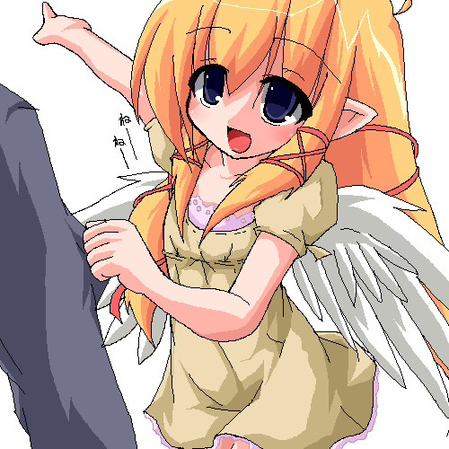 kanidiru, kanijiru, original, bad id, bad pixiv id, lowres, 1girl, blonde hair, blue eyes, oekaki, open mouth, pointy ears, solo focus, wings