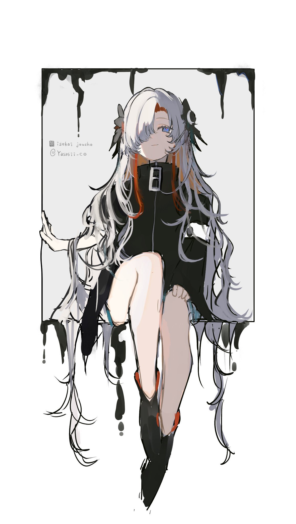 toke ino, isekaijoucho, kamitsubaki studio, highres, 1girl, asymmetrical sleeves, black coat, black flower, blue eyes, boots, closed mouth, coat, dripping, expressionless, flower, full body, gloves, grey hair, hair flower, hair ornament, hair over one eye, high collar, invisible chair, long hair, long sleeves, looking at viewer, multicolored hair, red hair, simple background, single glove, sitting, sketch, solo, streaked hair, twitter username, two-tone hair, uneven sleeves, very long hair, virtual youtuber, white background, white hair, zipper pull tab