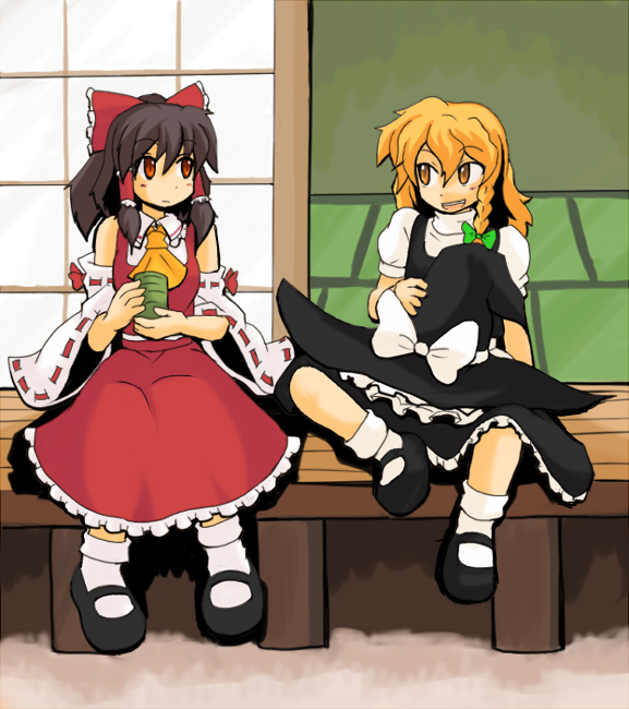 harukatron, hakurei reimu, kirisame marisa, touhou, 2girls, blonde hair, cup, female focus, hat, japanese clothes, miko, multiple girls, ribbon, sitting, tea, veranda, yunomi