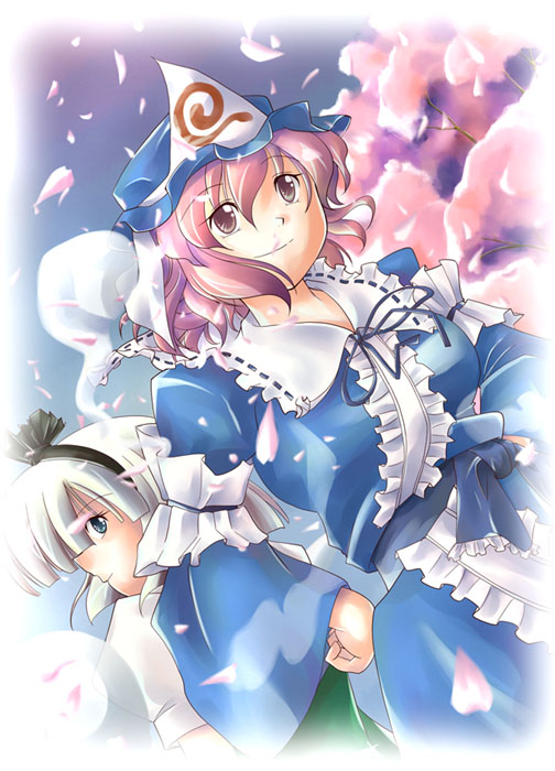 nagi (pasteljam), pasteljam, konpaku youmu, konpaku youmu (ghost), saigyouji yuyuko, touhou, silver hair, 2girls, blue dress, blunt bangs, cherry blossoms, dress, dutch angle, female focus, frills, hair ribbon, hairband, hands on own hips, hat, hitodama, long sleeves, looking back, mob cap, multiple girls, petals, pink hair, ribbon, sash, short hair, smile, triangular headpiece