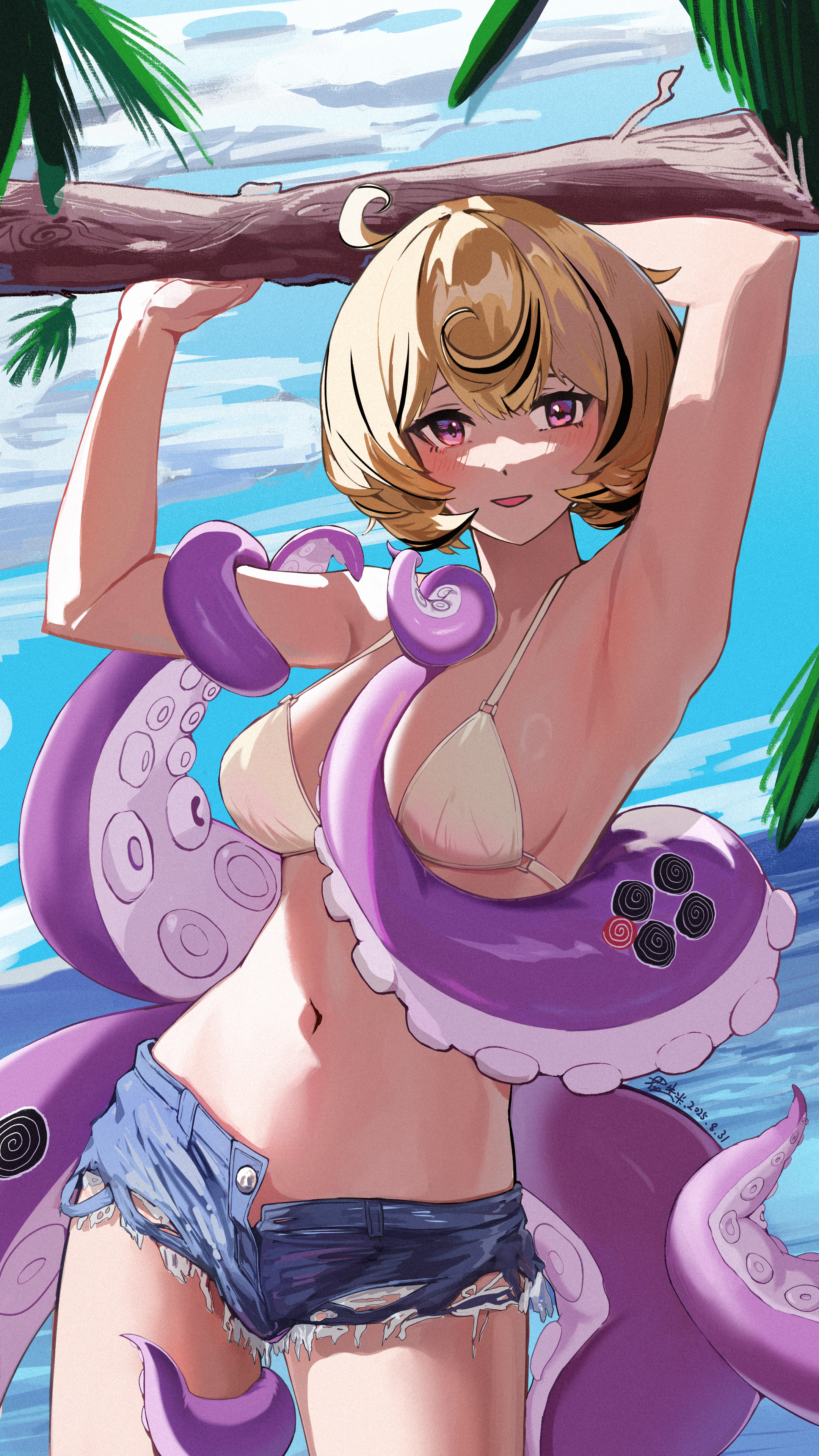 yidhari (zenless zone zero), zenless zone zero, absurdres, highres, 1girl, arm up, arm wrap, bikini, blonde hair, blue sky, blush, branch, leg wrap, navel, ocean, octopus, open fly, open mouth, purple eyes, short hair, short shorts, shorts, sky, solo, sticker, stomach, swimsuit, tentacle between breasts, tentacles, tile crafts, unbuttoned, white bikini