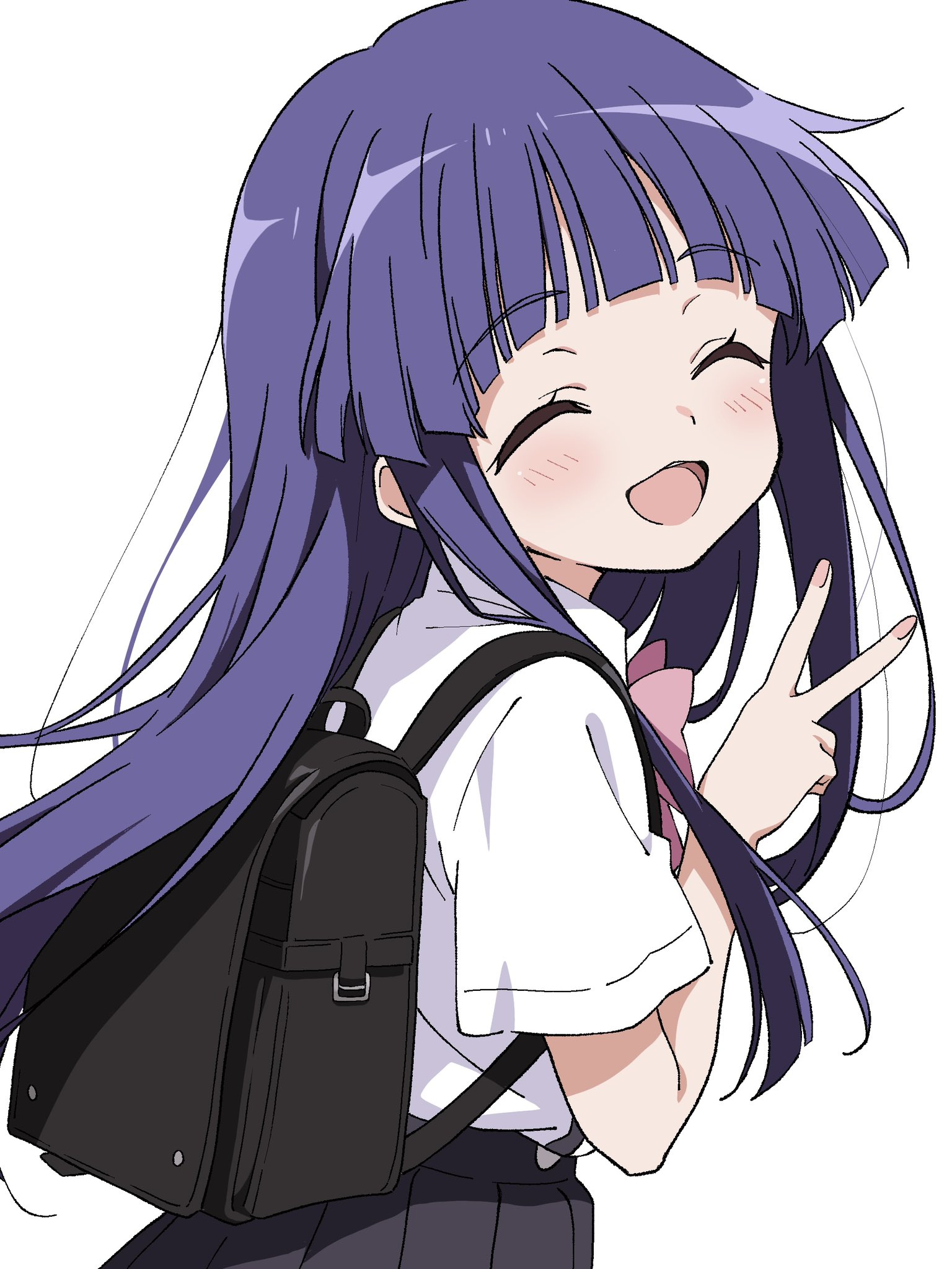 niyane, furude rika, higurashi no naku koro ni, commentary request, highres, 1girl, :d, ^ ^, backpack, bag, black skirt, blunt bangs, blush, bow, bowtie, closed eyes, collared shirt, facing viewer, hand up, long hair, open mouth, pink bow, pink bowtie, purple hair, school uniform, shirt, short sleeves, simple background, skirt, smile, solo, suspender skirt, suspenders, upper body, v, white background, white shirt