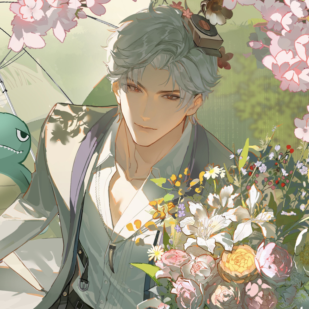 guaisanmu, sylus (love and deepspace), love and deepspace, white lily, chinese commentary, highres, 1boy, belt, black belt, bouquet, cherry blossoms, closed mouth, collarbone, collared shirt, curtained hair, daisy (flower), day, flower, grass, grey hair, grey jacket, hair flower, hair ornament, holding, holding bouquet, jacket, jewelry, lapels, light smile, lily (flower), long sleeves, looking at viewer, looking up, male focus, necklace, open clothes, open jacket, outdoors, parted bangs, peony (flower), phonograph hair ornament, picnic blanket, pink flower, pink rose, plunging neckline, purple flower, red eyes, rose, shadow, shawl lapels, shirt, short hair, solo, stuffed dinosaur, sunlight, suspenders, suspenders hanging, tooth necklace, umbrella, upper body, white flower, white shirt, yellow flower