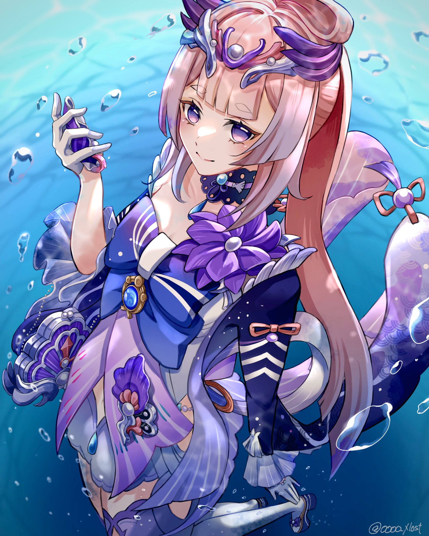 kuromuru, sangonomiya kokomi, genshin impact, highres, 1girl, blue bow, blue bowtie, blush, bow, bow-shaped hair, bowtie, breasts, closed mouth, gloves, gradient hair, hair ornament, long hair, looking at viewer, multicolored hair, pink hair, purple eyes, purple hair, smile, solo, thighhighs, very long hair, vision (genshin impact), white gloves, wide sleeves