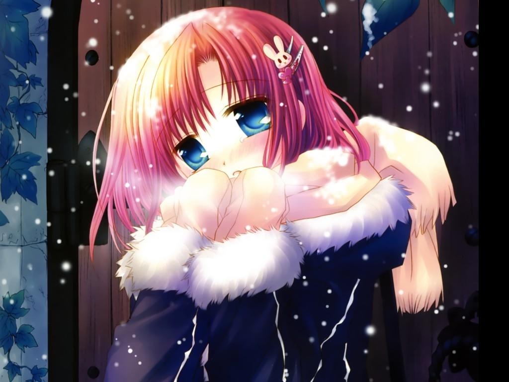 sakurazawa izumi, 1girl, blue eyes, blush, coat, female focus, hair ornament, hairclip, red hair, scarf, short hair, snow, solo, winter
