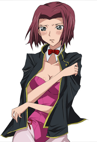 kouzuki kallen, code geass, 00s, 1girl, blue eyes, blush, breasts, cleavage, female focus, jacket, jacket on shoulders, leotard, medium breasts, pantyhose, pink pantyhose, playboy bunny, red hair, short hair, solo