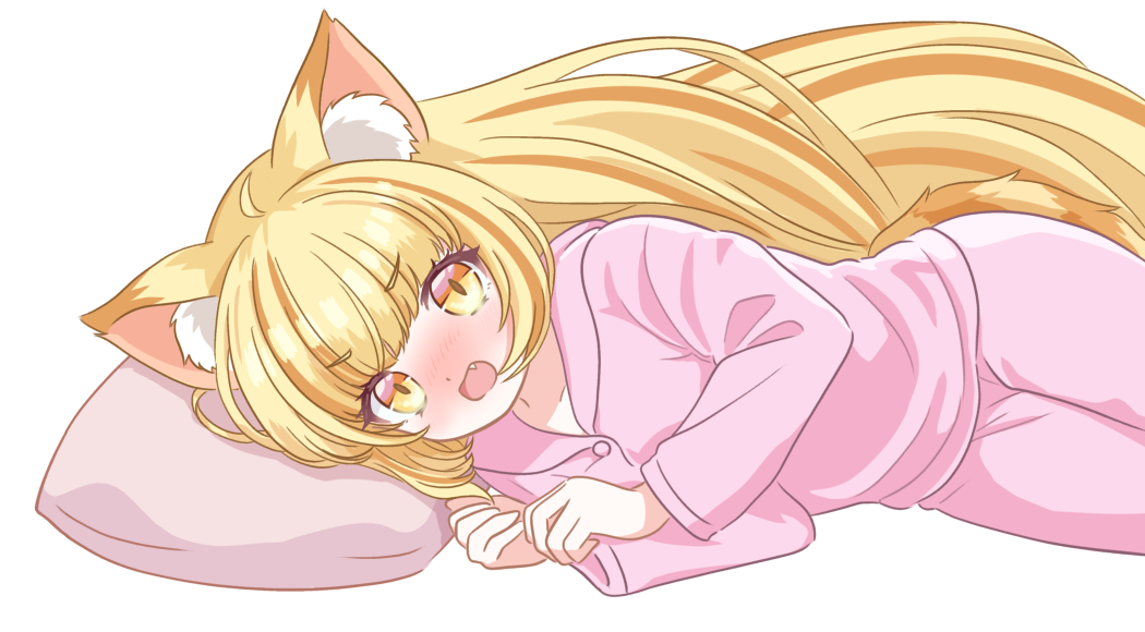 nyantasia, sanrio, 1girl, animal ear fluff, animal ears, blonde hair, blush, cat ears, cat girl, cat tail, closed eyes, embarrassed, fang, head on pillow, kagunya, long hair, long sleeves, lying, multicolored hair, nyamamugi tart, on side, open mouth, orange hair, pajamas, pants, pillow, pink pajamas, pink pants, pink shirt, shirt, streaked hair, tail, transparent background, v-shaped eyebrows, virtual youtuber