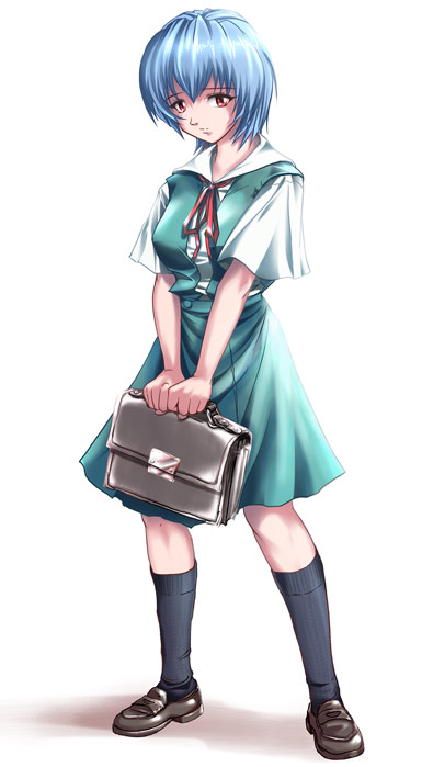 shinozuka jouji, ayanami rei, neon genesis evangelion, blue hair, red eyes, school uniform, serafuku, solo
