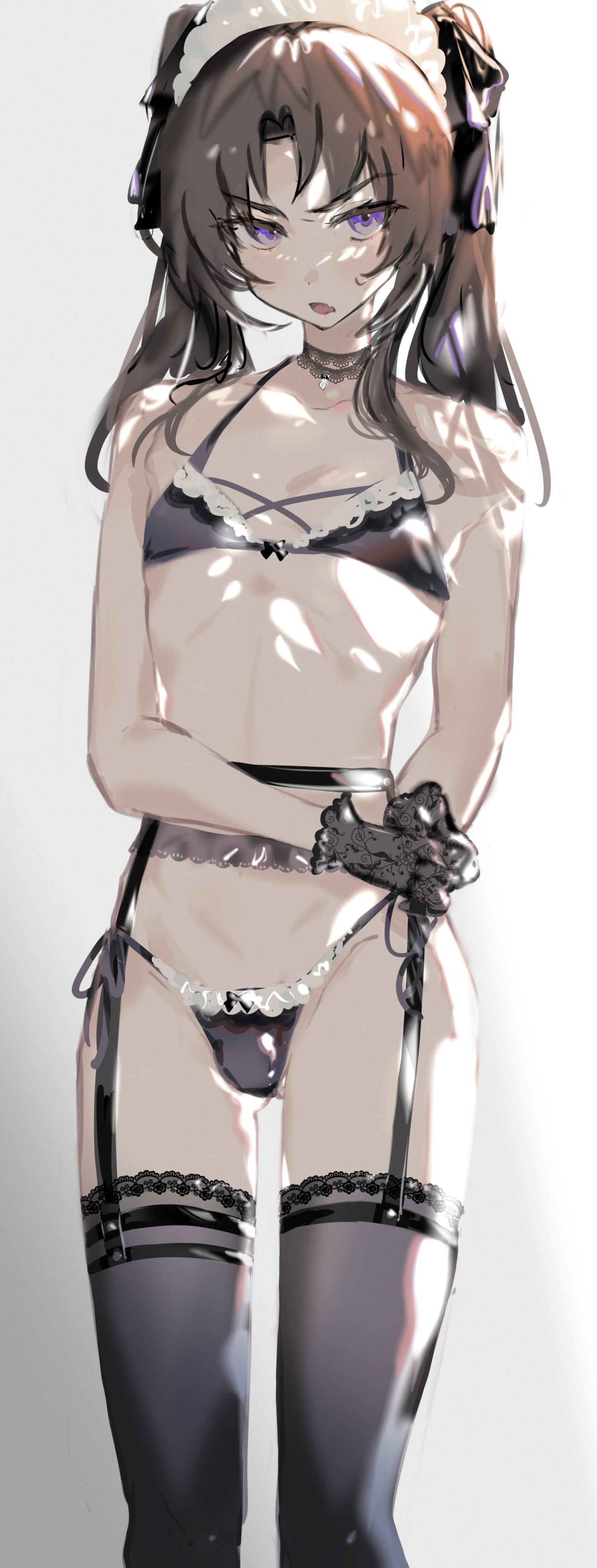 imamiya pinoko, original, absurdres, highres, 1boy, ayase ayato (imamiya pinoko), bikini, black gloves, black hair, bulge, crossdressing, crossdressing (mtf), garter belt, garter straps, gloves, lace, lace gloves, long hair, maid, maid bikini, maid headdress, open mouth, purple eyes, ribs, simple background, solo, sweatdrop, swimsuit, thighhighs, trap, twintails, unconventional maid