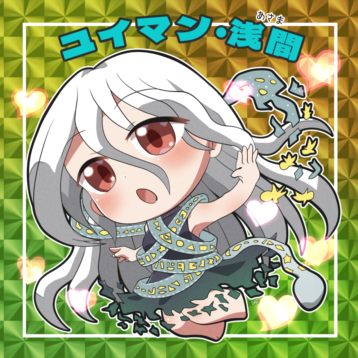 rokugou daisuke, yuiman asama, touhou, commentary request, 1girl, :o, bare arms, bare shoulders, barefoot, bikkuriman (style), blue dress, blush, character name, chibi, chibi only, dress, full body, green background, grey ribbon, hair between eyes, inset border, long hair, open mouth, outline, red eyes, ribbon around body, signature, sleeveless, sleeveless dress, solo, white hair, white outline