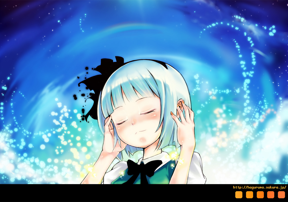 oke, yazawa oke, konpaku youmu, touhou, silver hair, bad id, bad pixiv id, 1girl, blush, bob cut, closed eyes, female focus, hand on own ear, letterboxed, nail polish, orange nails, smile, solo