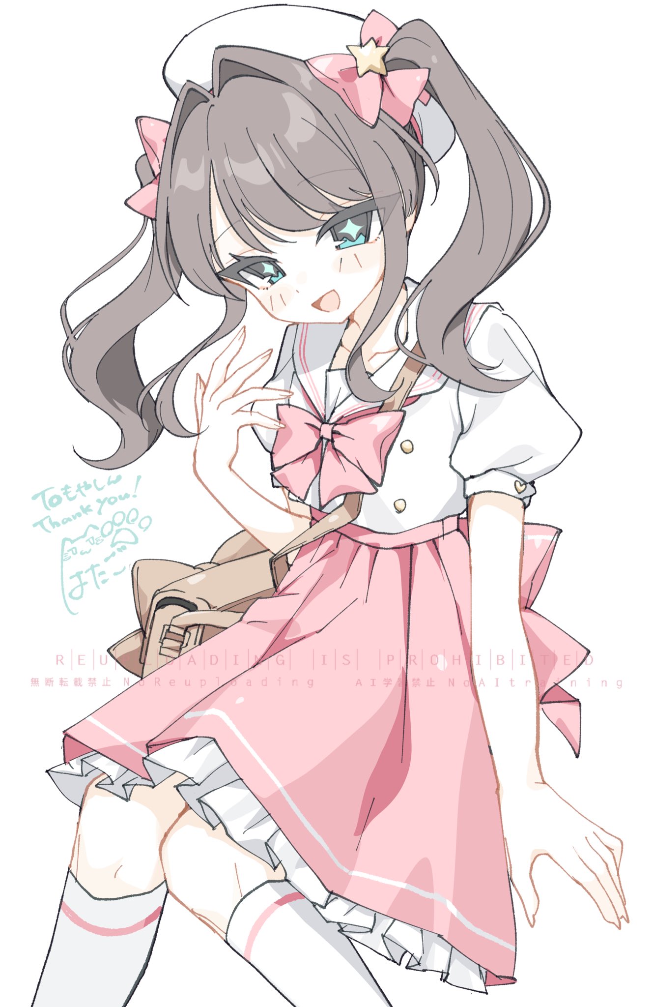 sentouryoku 5, original, commission, highres, skeb commission, 1girl, bag, beret, blush, bow, bowtie, brown hair, frilled skirt, frills, hair bow, hair intakes, hat, kneehighs, looking at viewer, open mouth, pink bow, pink bowtie, pink skirt, puffy short sleeves, puffy sleeves, sailor collar, school uniform, shirt, short sleeves, simple background, skirt, smile, socks, solo, star (symbol), twintails, white shirt, white socks