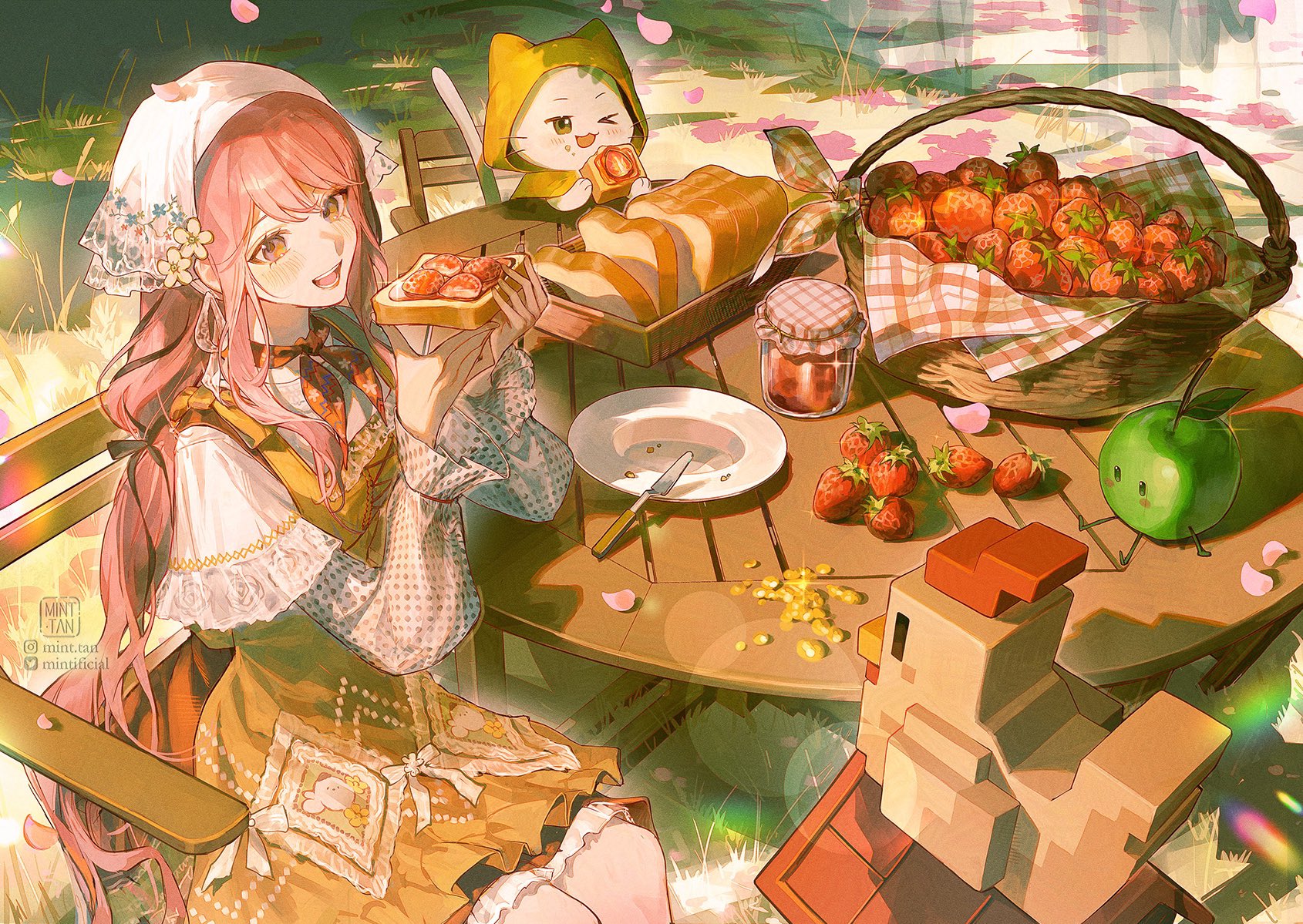 mint-tan, infinity nikki, nikki (series), character request, highres, 1girl, apple, basket, blush, bread, bread slice, butter, cat, chair, cheese, day, dress, falling petals, flower, food, frills, fruit, grass, hair ornament, headscarf, holding, holding food, hood, jam, jar, knife, lens flare, long hair, long sleeves, one eye closed, open mouth, outdoors, petals, picnic basket, pink hair, plate, ribbon, sandwich, shirt, sitting, smile, strawberry, table, tablecloth, toast, white flower, wooden table, yellow dress