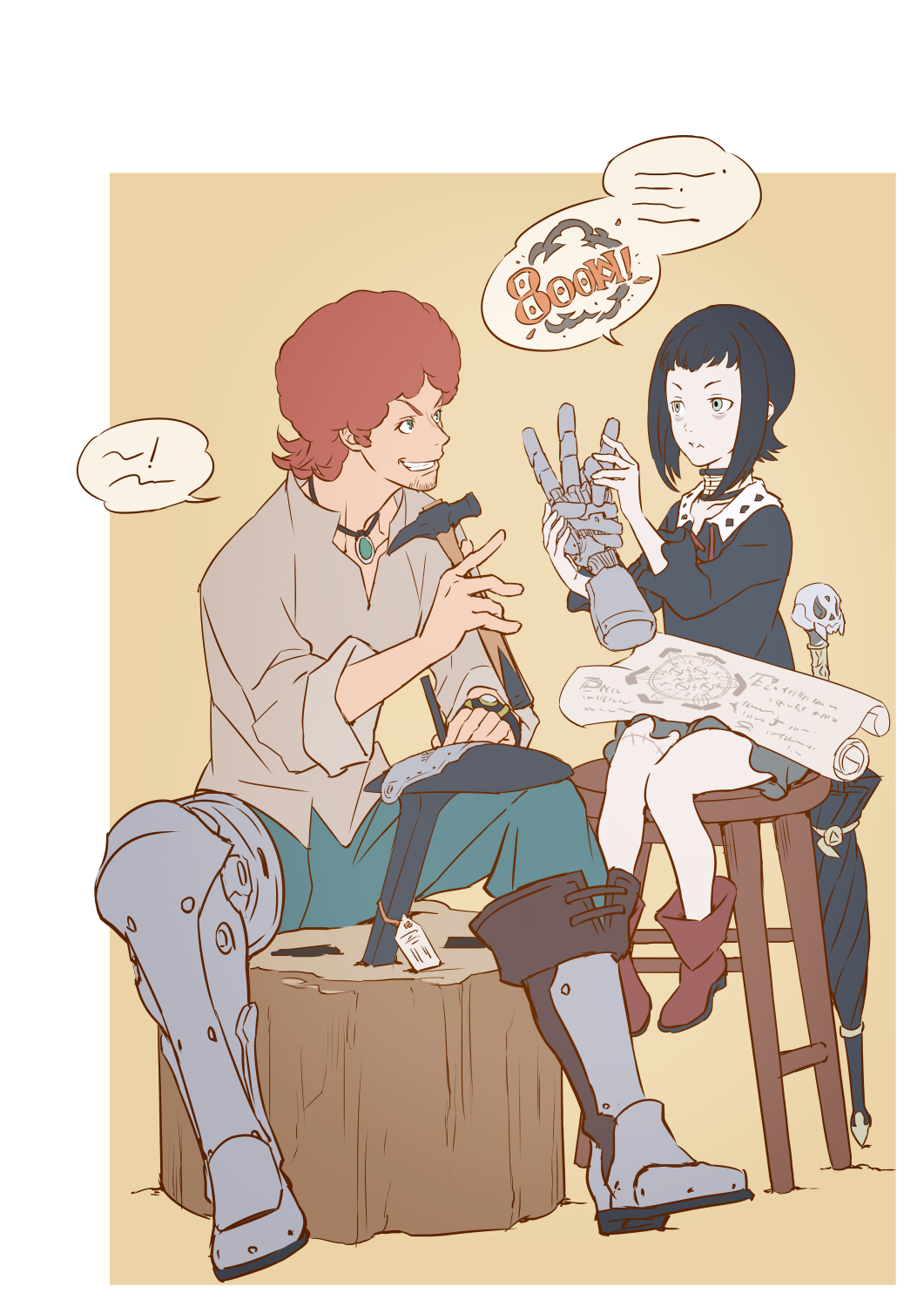 dasshu (dashi now), favaro leone, rita (shingeki no bahamut: genesis), shingeki no bahamut: genesis, highres, 1boy, 1girl, armored boots, bags under eyes, black dress, black hair, boots, border, closed umbrella, dress, gloves, grey shirt, grin, hammer, holding, holding gloves, holding hammer, holding unworn clothes, looking at another, on stool, on tree stump, red hair, shirt, short hair, sitting, smile, speech bubble, umbrella, unworn gloves, white border