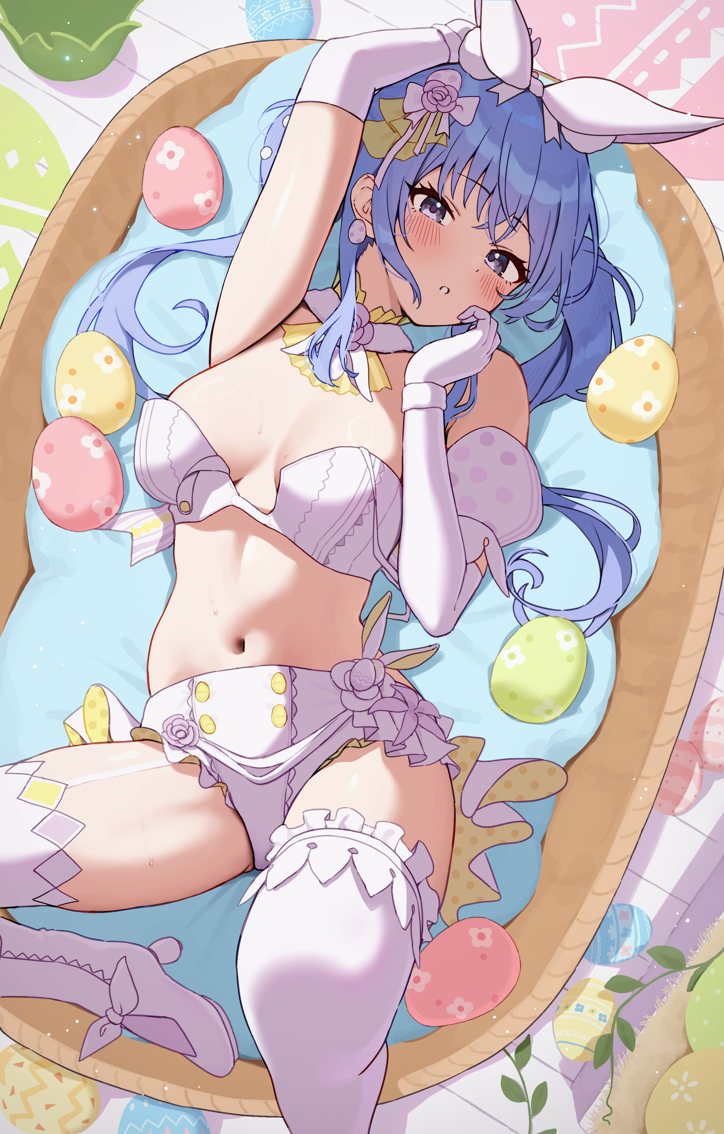 wanimaru, suzuki hana, idolmaster, idolmaster shiny colors, absurdres, commentary request, highres, 1girl, animal ears, bare shoulders, basket, blue eyes, blue hair, breasts, crop top, crossed bangs, easter egg, egg, elbow gloves, fake animal ears, gloves, hair between eyes, hair ornament, looking at viewer, lying, medium breasts, navel, on back, rabbit ears, solo, stomach, strapless, thighhighs, tube top, twintails, white gloves, white thighhighs, white tube top