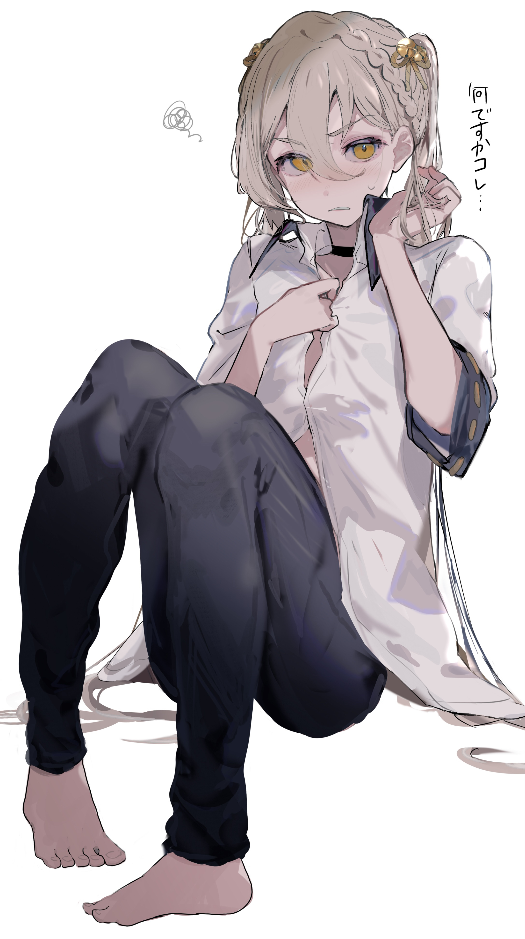 imamiya pinoko, iori yuzuru, voiceroid, absurdres, highres, translated, 1boy, barefoot, choker, sitting, solo, sweatdrop, twintails, white background, white hair, yellow eyes