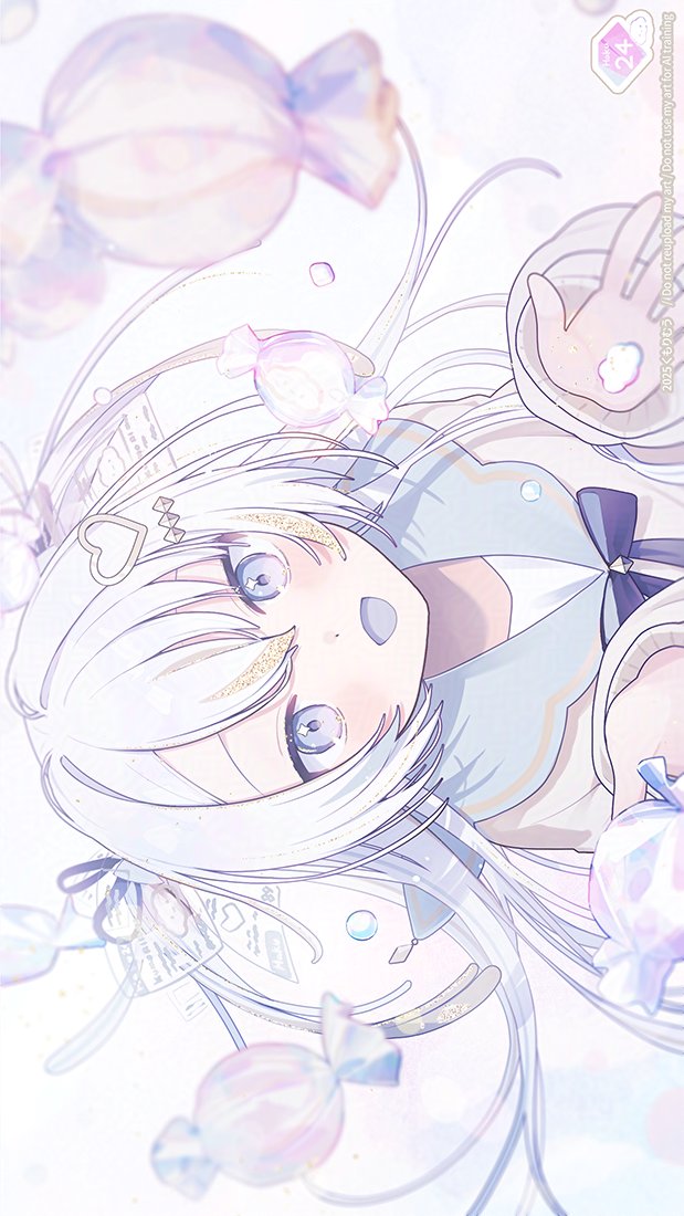 kumorimuu, original, 1girl, :d, blue eyes, blue ribbon, blue sailor collar, blush, candy, food, hair ornament, hair ribbon, hairclip, heart, heart hair ornament, long hair, looking at viewer, open mouth, ribbon, sailor collar, school uniform, shirt, sideways, smile, solo, upper body, white hair