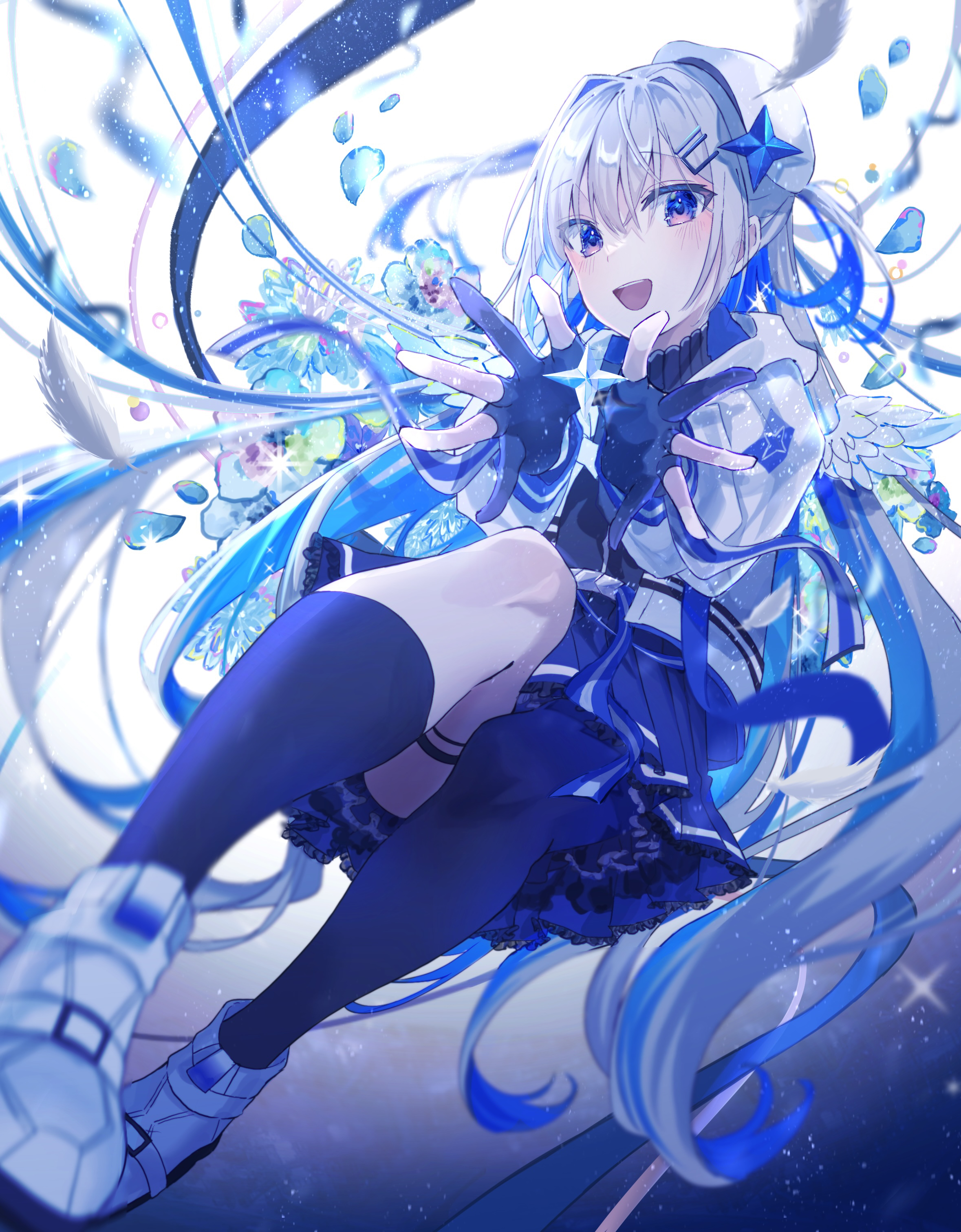 sutera sea, amane kanata, hololive, absurdres, highres, 1girl, angel wings, asymmetrical legwear, blue eyes, blue hair, blush, colored inner hair, gloves, grey hair, hair ornament, hairclip, hat, jacket, kneehighs, long hair, looking at viewer, multicolored hair, official alternate costume, official alternate hair length, official alternate hairstyle, partially fingerless gloves, single hair intake, single kneehigh, single sock, smile, socks, solo, thighhighs, uneven legwear, virtual youtuber, white jacket, wings