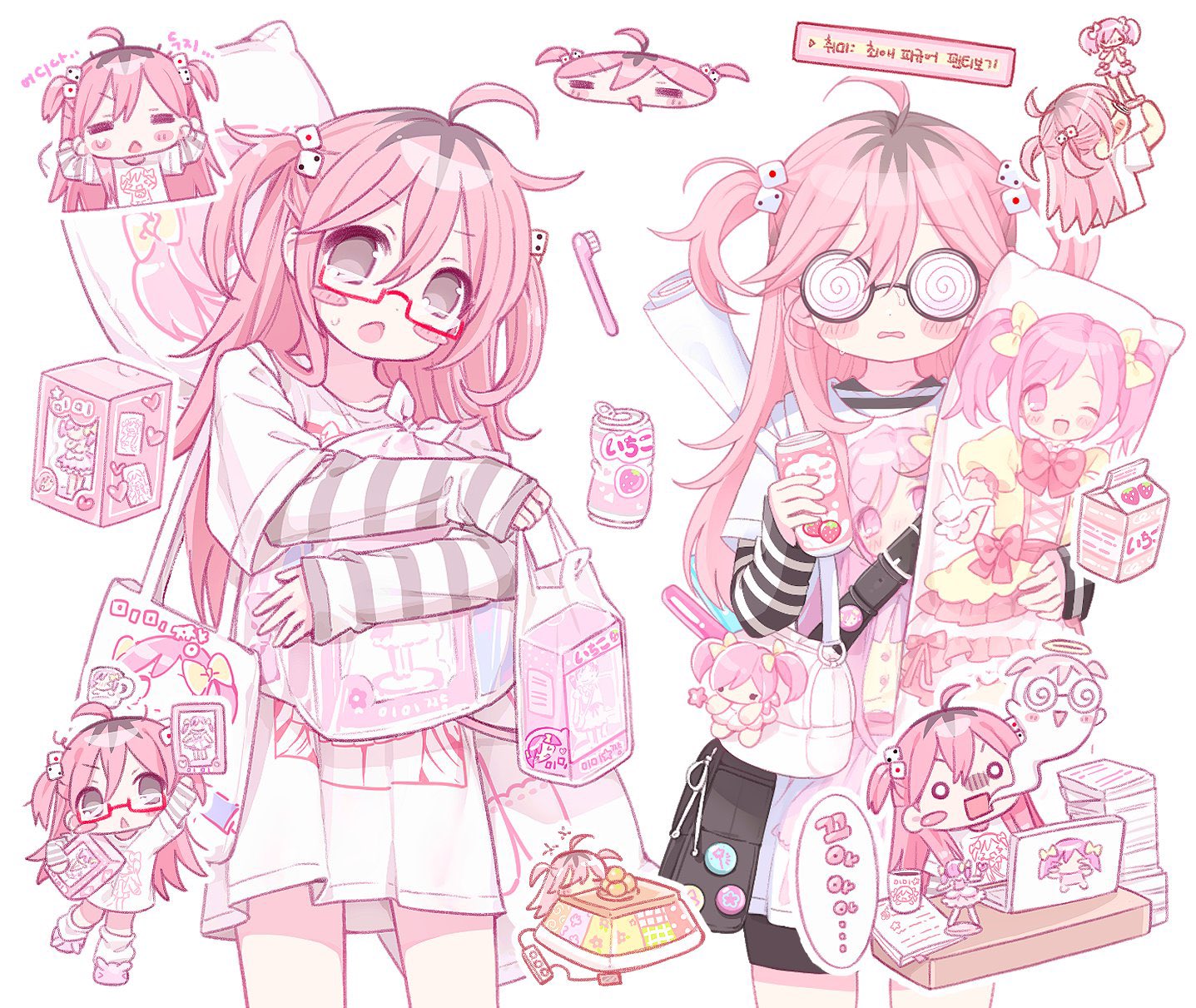 mipi (u3u 00), original, highres, 1girl, @ @, ahoge, arm warmers, bag, blush stickers, bow, can, computer, cowboy shot, dakimakura (object), drink can, drinking straw, food, glasses, hair ornament, holding, hugging object, laptop, layered sleeves, long hair, long sleeves, looking at viewer, milk carton, multiple views, one eye closed, open mouth, pillow, pillow hug, pink hair, pink theme, red-framed eyewear, shirt, short over long sleeves, short sleeves, simple background, skirt, skull hair ornament, soda can, speech bubble, striped clothes, striped sleeves, table, two side up, white background, white shirt