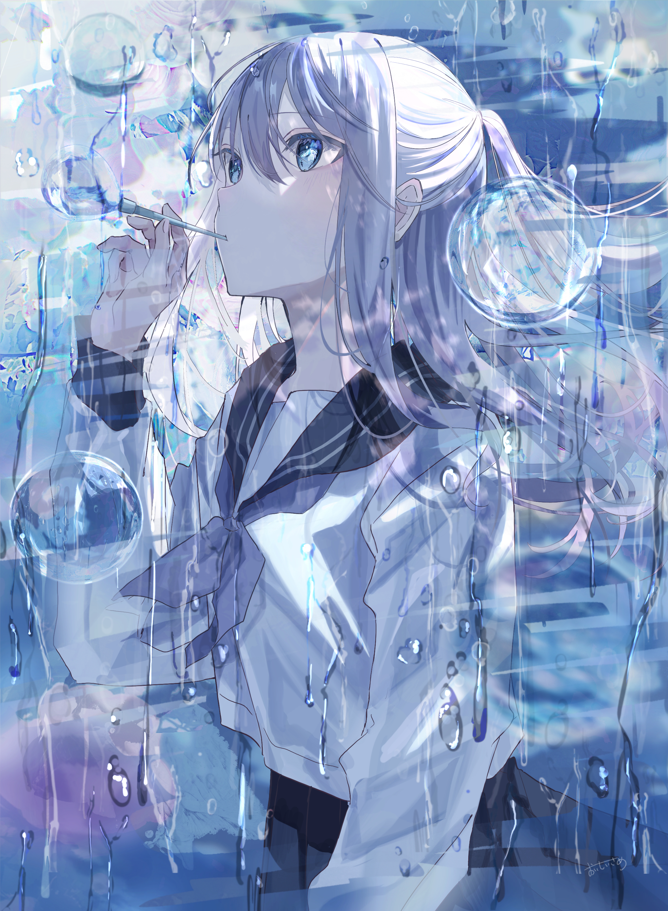 sutera sea, original, absurdres, highres, 1girl, black sailor collar, blue eyes, blue theme, bubble, drinking, floating hair, hair between eyes, holding, long hair, long sleeves, neckerchief, purple neckerchief, rain, sailor collar, school uniform, serafuku, shirt, skirt, soap bubbles, solo, upper body, white hair, white shirt