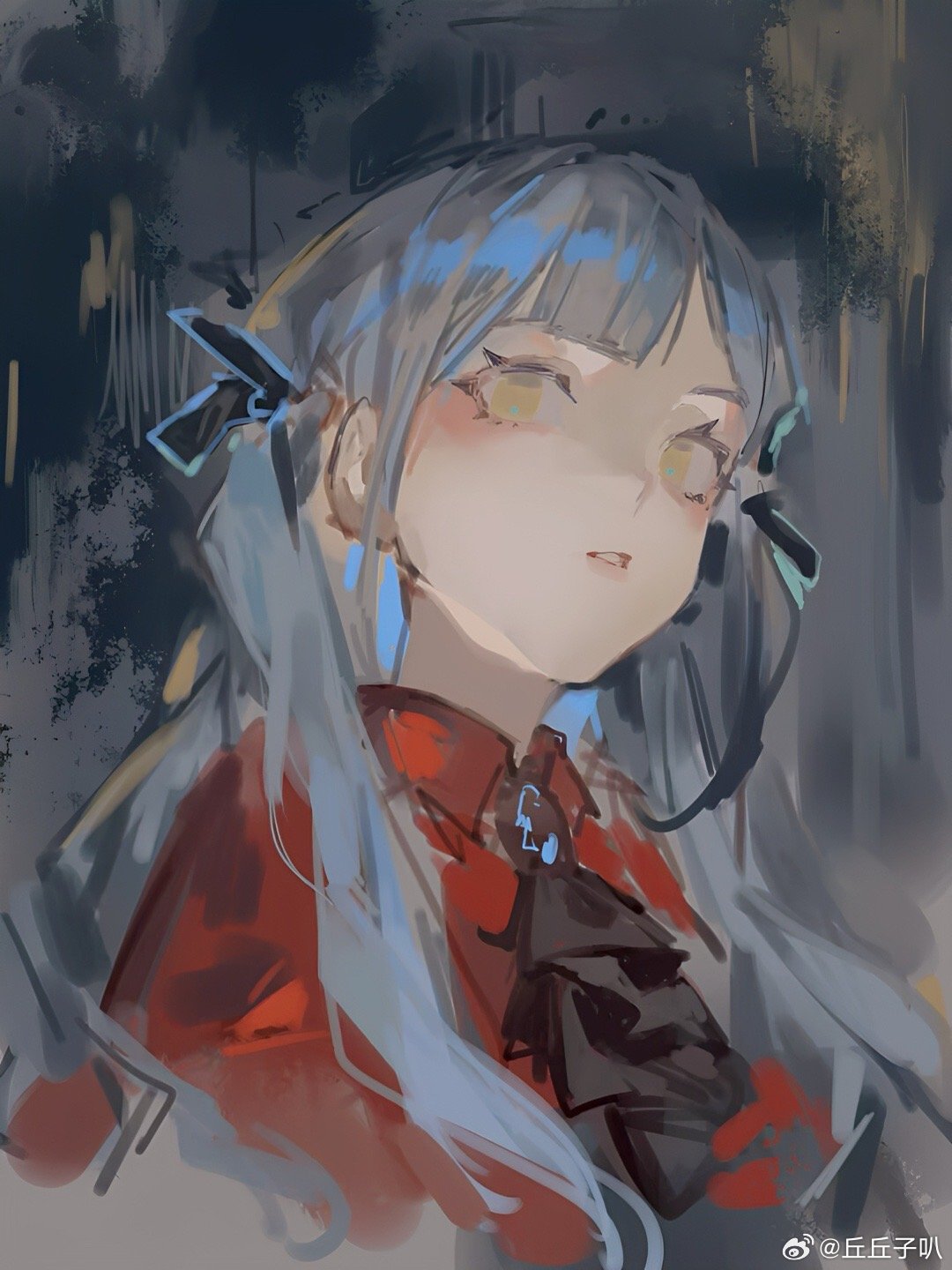 oblivionis (bang dream!), togawa sakiko, bang dream!, bang dream! it's mygo!!!!!, highres, 1girl, ascot, black ascot, black ribbon, blue brooch, blue hair, blunt bangs, collared shirt, hair ribbon, long hair, looking at viewer, parted lips, qiu qiu zi ba, red shirt, ribbon, shirt, solo, two side up, upper body, watermark, weibo watermark, yellow eyes