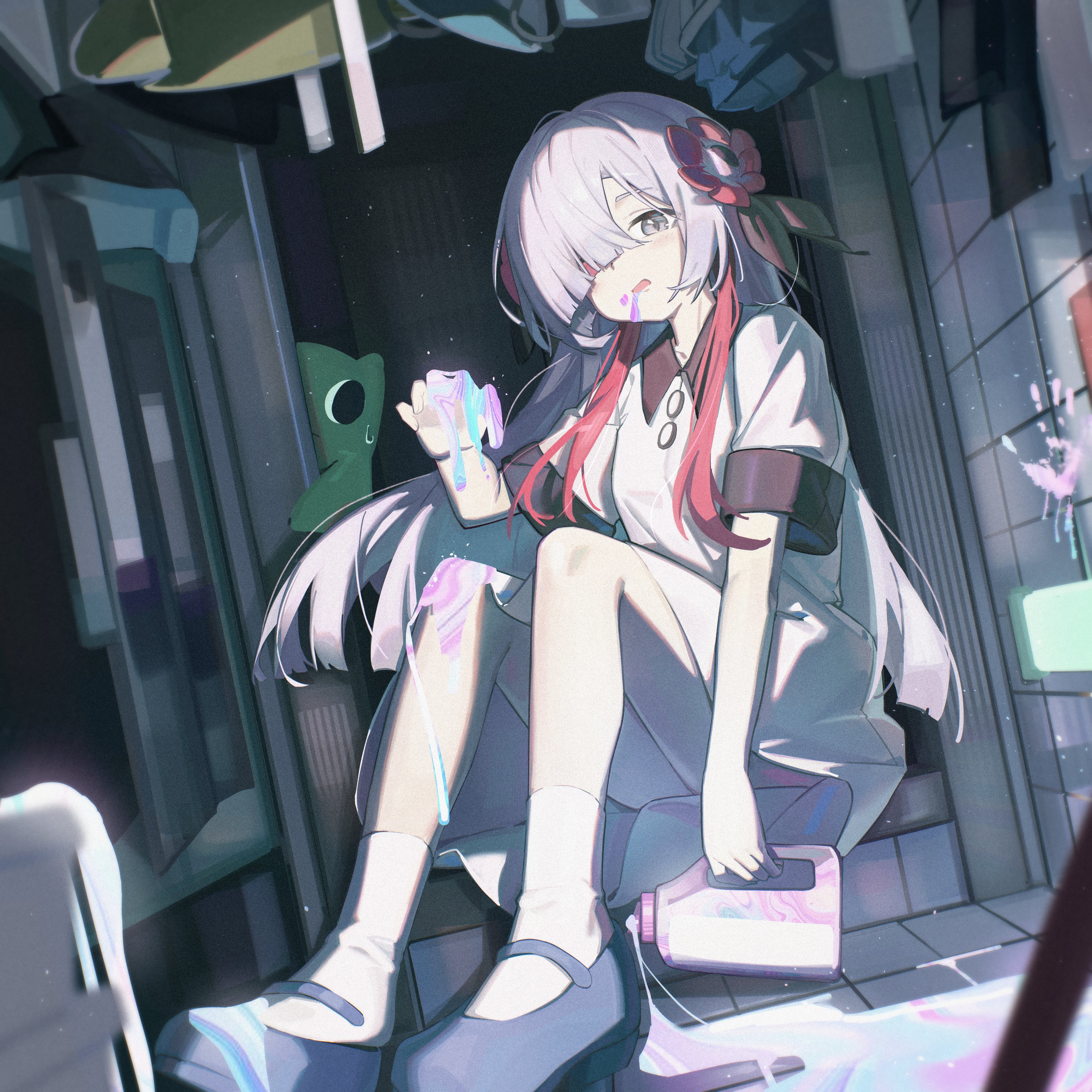 usagi (usagiusgi628), isekaijoucho, kamitsubaki studio, absurdres, highres, 1girl, collared dress, creature, dress, flower, full body, grey eyes, grey hair, hair flower, hair ornament, hair over one eye, holding, indoors, knees up, light particles, long hair, looking at viewer, multicolored hair, one eye covered, open mouth, red flower, red hair, shoes, short sleeves, sitting, socks, solo, streaked hair, two-tone hair, virtual youtuber, white dress, white socks