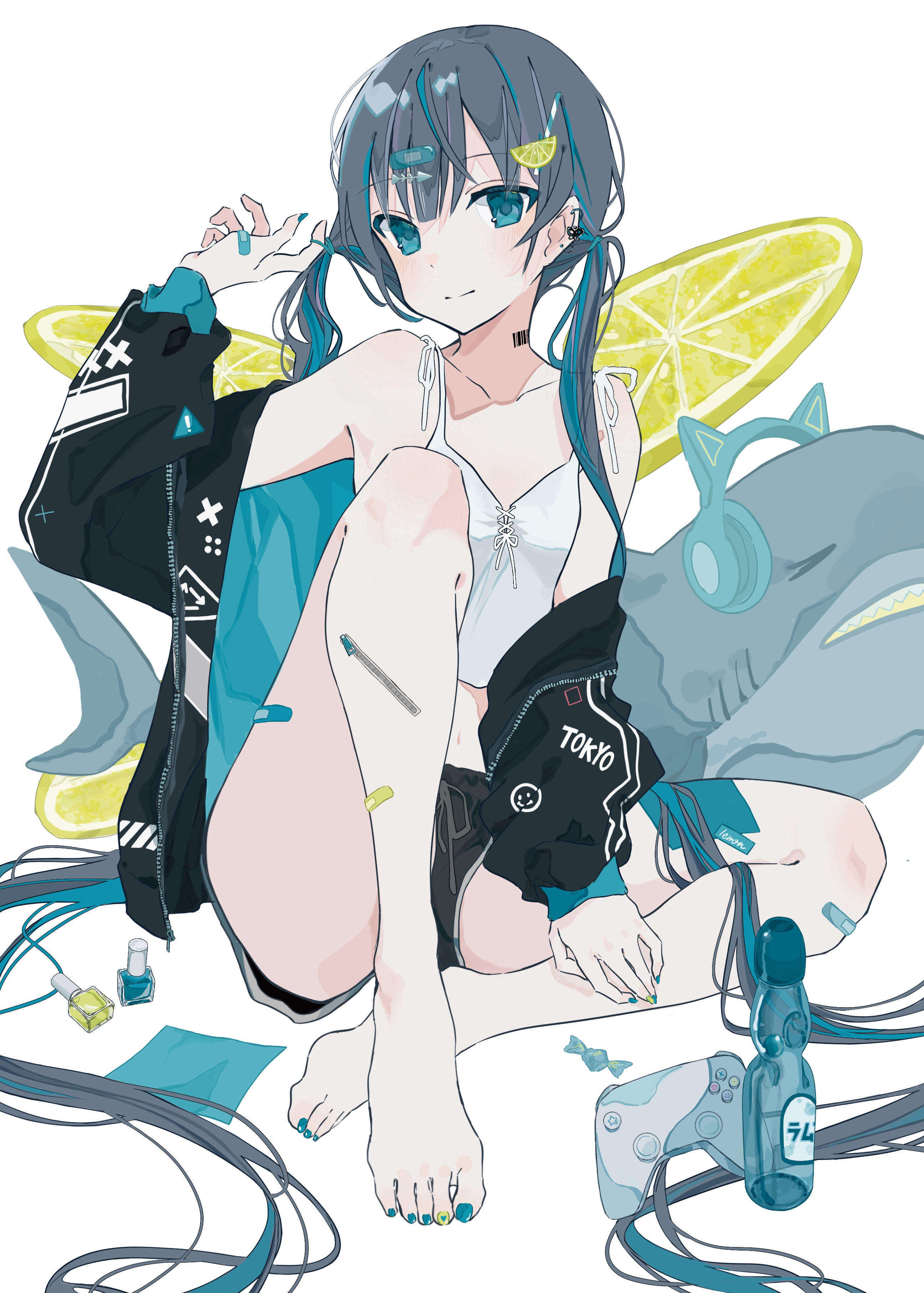 sutera sea, original, absurdres, highres, 1girl, animal ears, bandaid, barcode, barcode tattoo, barefoot, blue eyes, blue hair, camisole, closed mouth, fake animal ears, food, fruit, grey hair, jacket, knee up, lemon, lemon slice, lime (fruit), long hair, looking at viewer, multicolored hair, nail polish, off shoulder, open clothes, open jacket, ramune, sitting, solo, tattoo, two-tone hair, very long hair