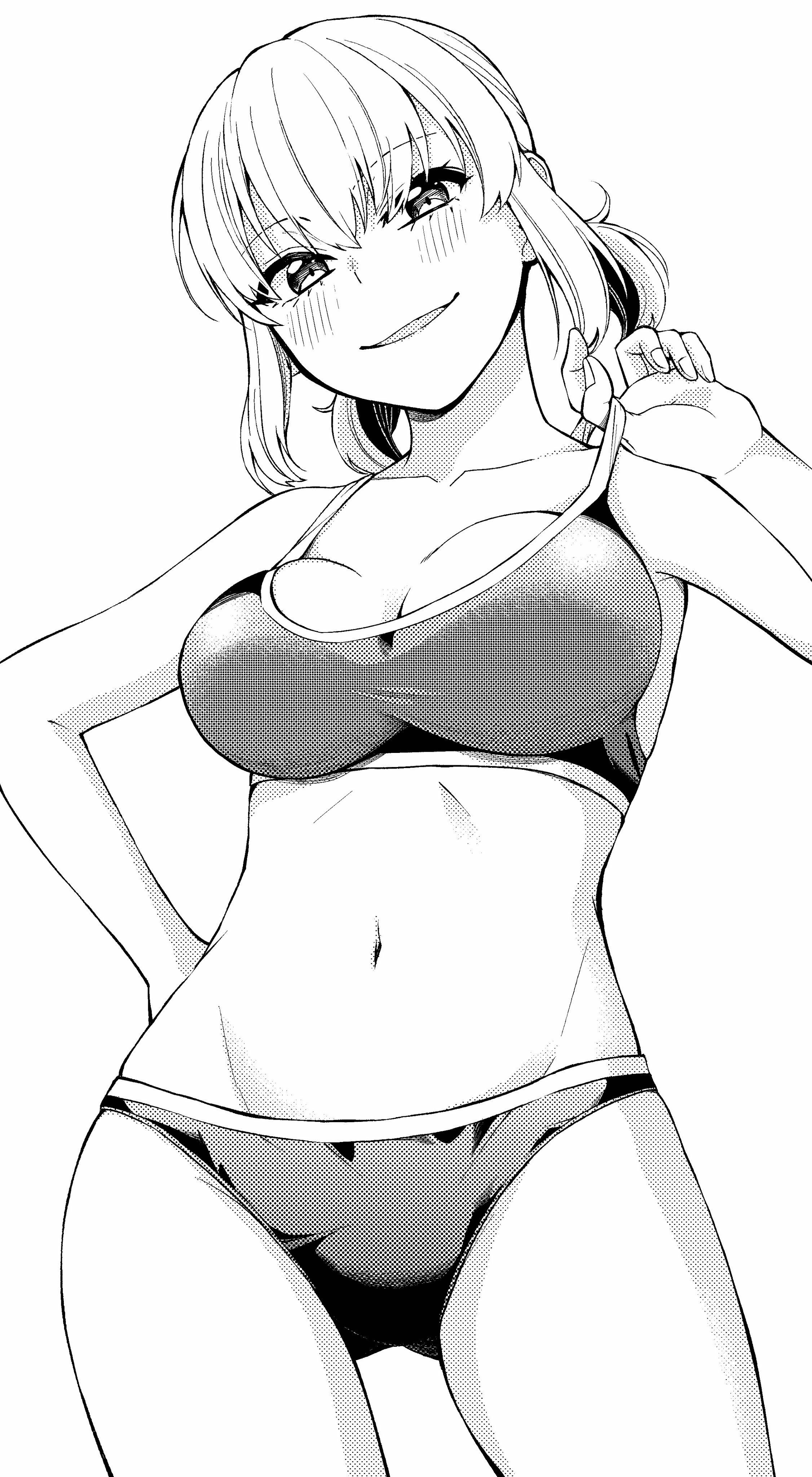 orange lili, original, absurdres, commentary request, highres, 1girl, bikini, blush, breasts, choppy bangs, cleavage, collarbone, cowboy shot, dithering, fingernails, greyscale, hand on own hip, hand up, large breasts, looking at viewer, medium hair, monochrome, naughty face, navel, parted lips, smile, solo, standing, stomach, strap pull, swimsuit