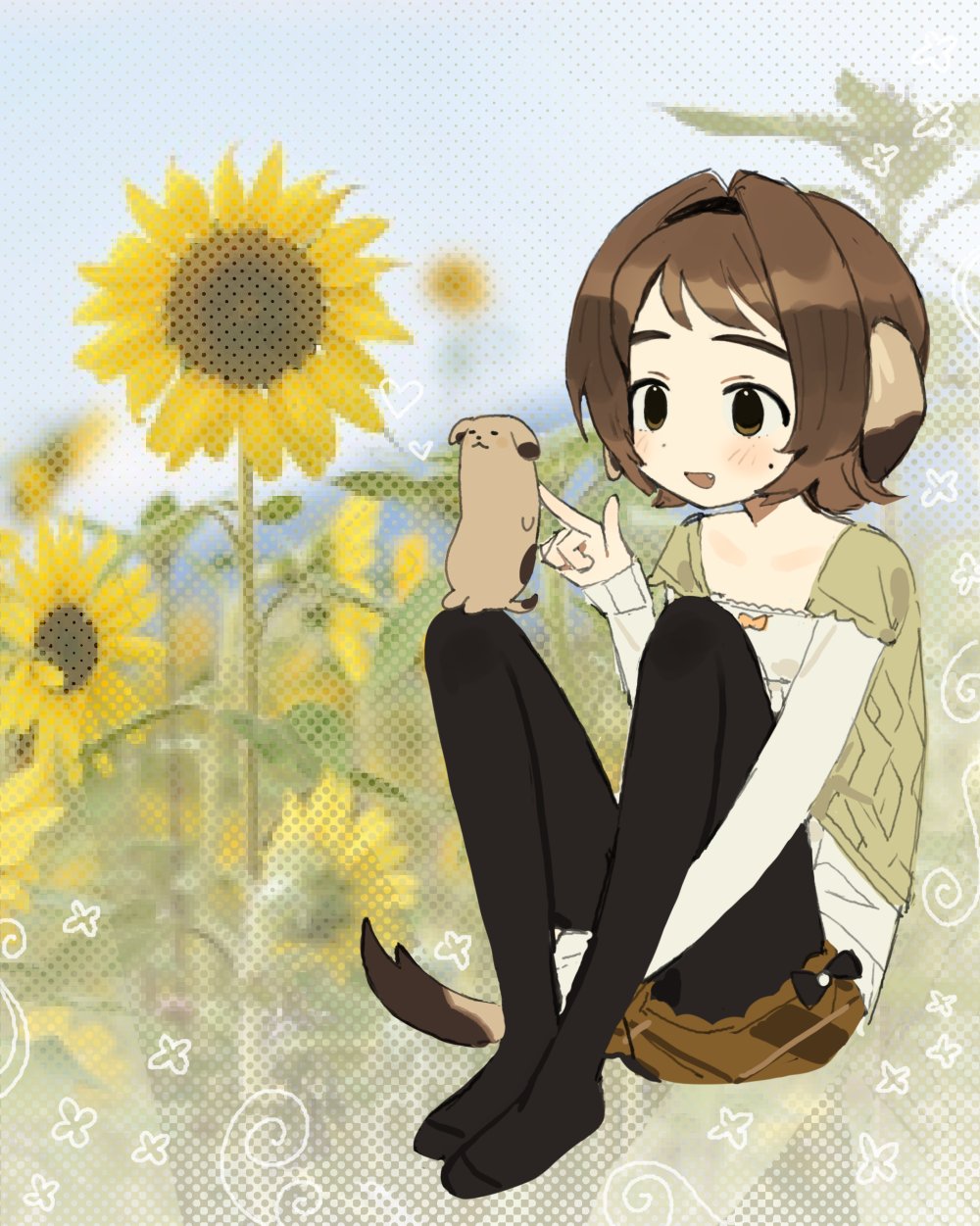 mota (motaberrie), motaberrie (vtuber), indie virtual youtuber, highres, 1girl, animal, animal ears, black eyes, black pantyhose, blush, brown hair, brown shorts, dog ears, dog tail, flower, full body, hair intakes, long sleeves, looking at animal, mole, mole under eye, no shoes, open mouth, outdoors, pantyhose, pantyhose under shorts, shirt, short hair, shorts, sitting, smile, solo, sunflower, tail, white shirt, yellow flower