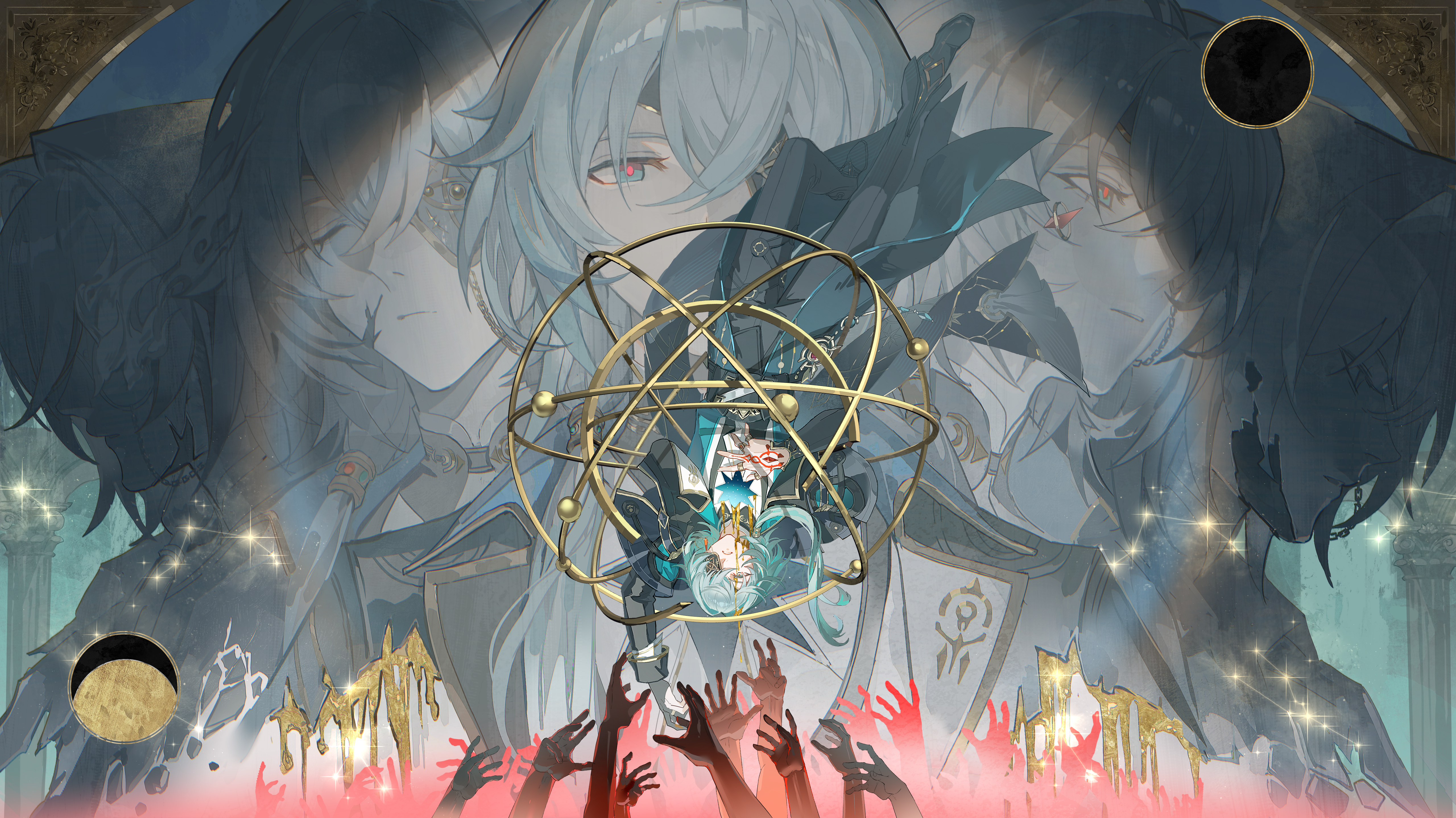 guaisanmu, anaxa (honkai: star rail), honkai: star rail, honkai (series), absurdres, chinese commentary, highres, 1boy, aqua coat, aqua eyes, aqua hair, arm up, armillary sphere, black capelet, black corset, black gloves, black jacket, black pants, black shoes, blood, blood on clothes, blood on face, capelet, closed eyes, closed mouth, coat, corset, cracked skin, crystal earrings, disembodied hand, earrings, expressionless, eyepatch, flaming eye, full body, full moon, gem, gloves, hair between eyes, hair over shoulder, hair tubes, hand on own chest, hand tattoo, hole in chest, hole on body, jacket, jewelry, lapels, long hair, looking ahead, looking at viewer, low side ponytail, male focus, mandarin collar, moon, multiple rings, multiple views, notched lapels, one eye covered, outstretched arm, pants, parted lips, pillar, portrait, profile, red gemstone, red pupils, red tattoo, ring, shirt, shoes, single earring, single hair tube, sleeve cuffs, solo, sparkle, tattoo, upside-down, white shirt, yellow blood
