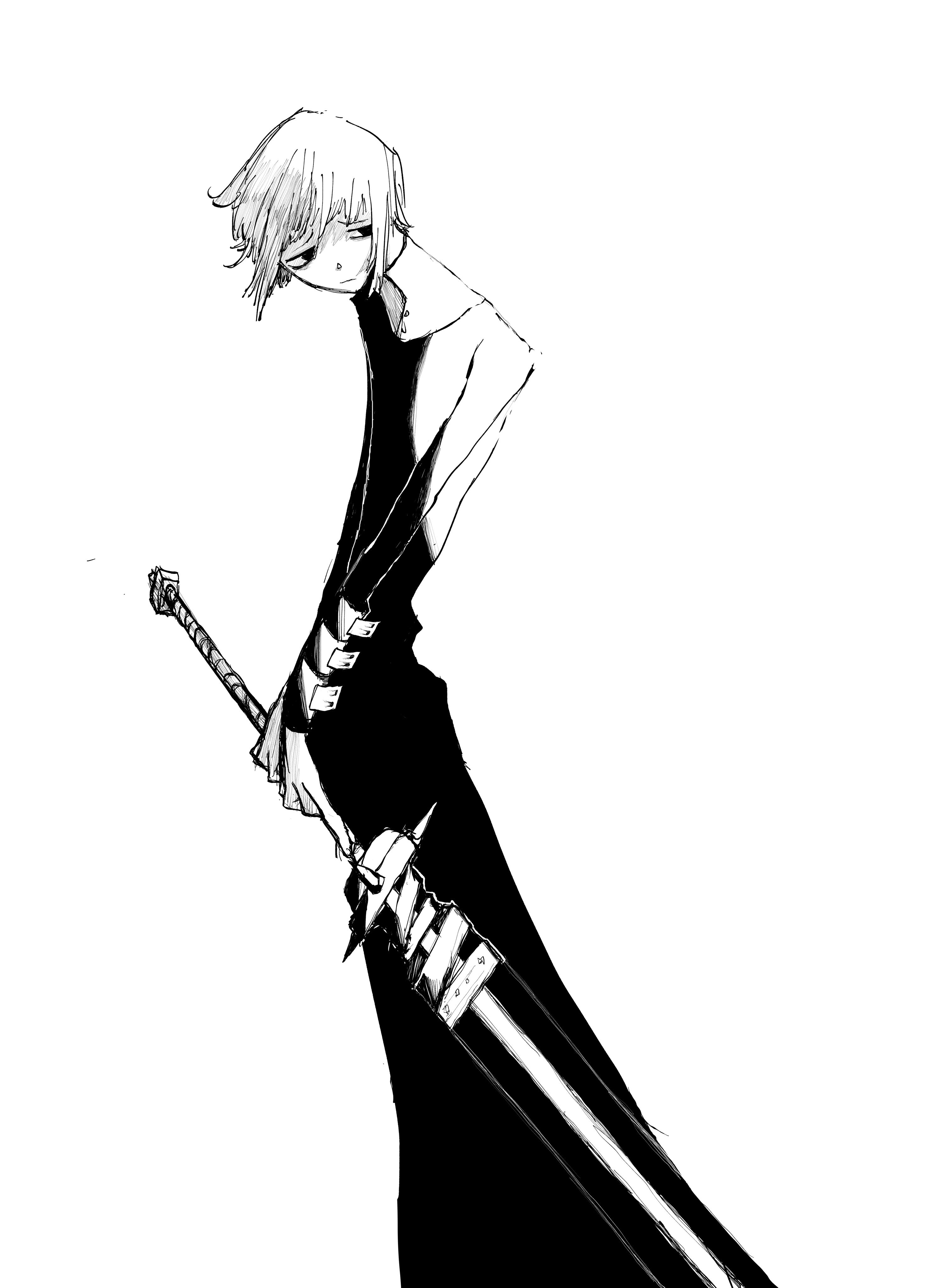 jirou 2018, crona (soul eater), ragnarok (soul eater), soul eater, absurdres, highres, 1other, black dress, bracer, closed mouth, cuff links, dress, expressionless, furrowed brow, hair between eyes, hand on handle, holding, holding sword, holding weapon, looking to the side, short hair, sketch, sleeve cuffs, sword, upper body, weapon, white background