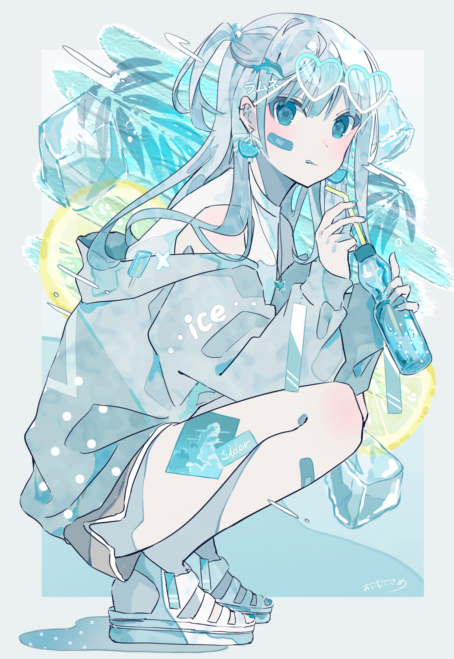 sutera sea, original, highres, 1girl, bandaid, bandaid on face, bandaid on leg, blue eyes, blue hair, blue theme, bottle, drinking straw, earrings, eyewear on head, food, food-themed earrings, fruit, heart, heart-shaped eyewear, holding, ice, ice cube, jacket, jewelry, lemon, lemon slice, long hair, looking at viewer, off shoulder, ramune, shirt, shorts, solo, squatting, sunglasses, tenshi kaiwai, tongue, tongue out