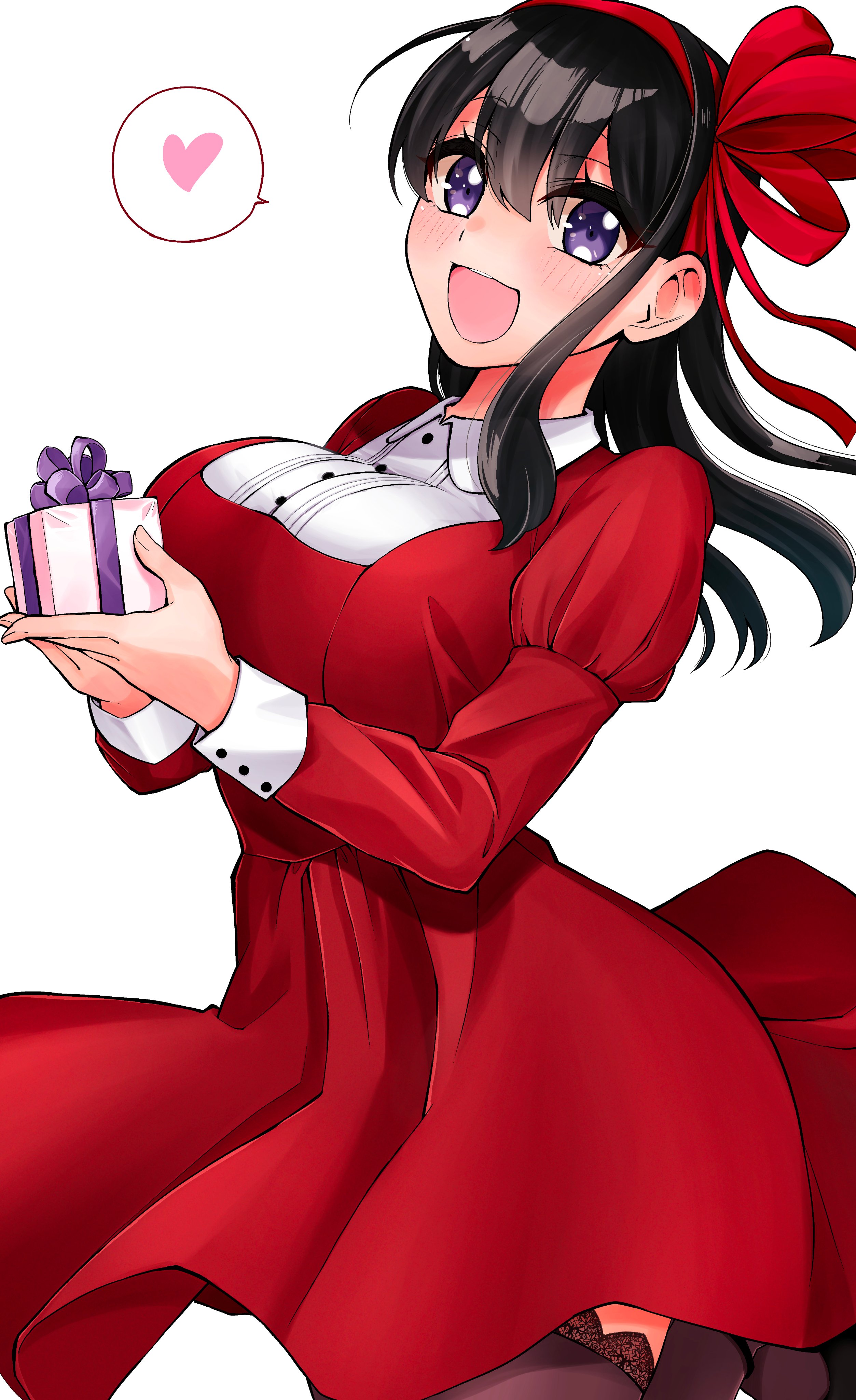orange lili, ojou kotone, hajimete no ojou-sama, absurdres, commentary request, highres, 1girl, blush, breasts, center-flap bangs, cowboy shot, dress, floating clothes, foot up, from side, gift, hair between eyes, hairband, heart, holding, holding gift, large breasts, long bangs, long sleeves, looking at viewer, looking to the side, open mouth, purple eyes, red dress, red hairband, red ribbon, ribbon, simple background, smile, solo, speech bubble, spoken heart, standing, turning head, white background