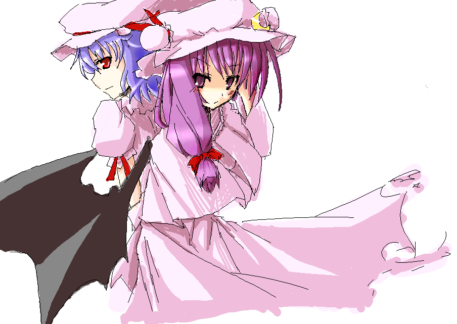 tsuga kyousuke, patchouli knowledge, remilia scarlet, touhou, bad id, bad pixiv id, 2girls, female focus, hat, multiple girls, simple background, white background, wings