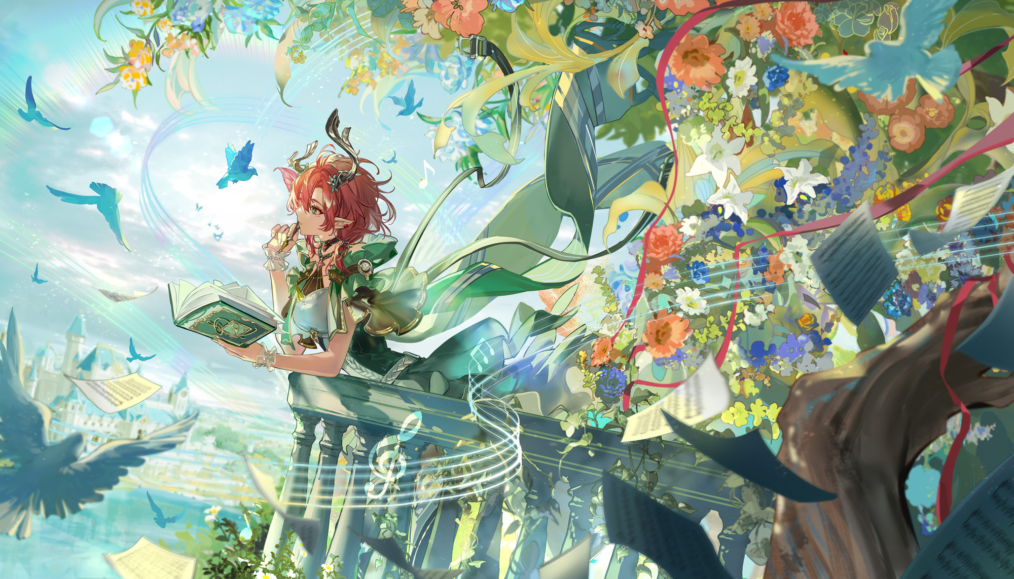 hitokoto, ciaccona (wuthering waves), wuthering waves, commentary, hashtag-only commentary, highres, symbol-only commentary, 1girl, bird, blue bird, blue flower, book, cloud, dress, floating hair, flower, from side, green dress, holding, holding book, holding pen, looking to the side, musical note, outdoors, paper, parted lips, pen, pointy ears, sheet music, sky, solo, tree horns, white flower, yellow flower