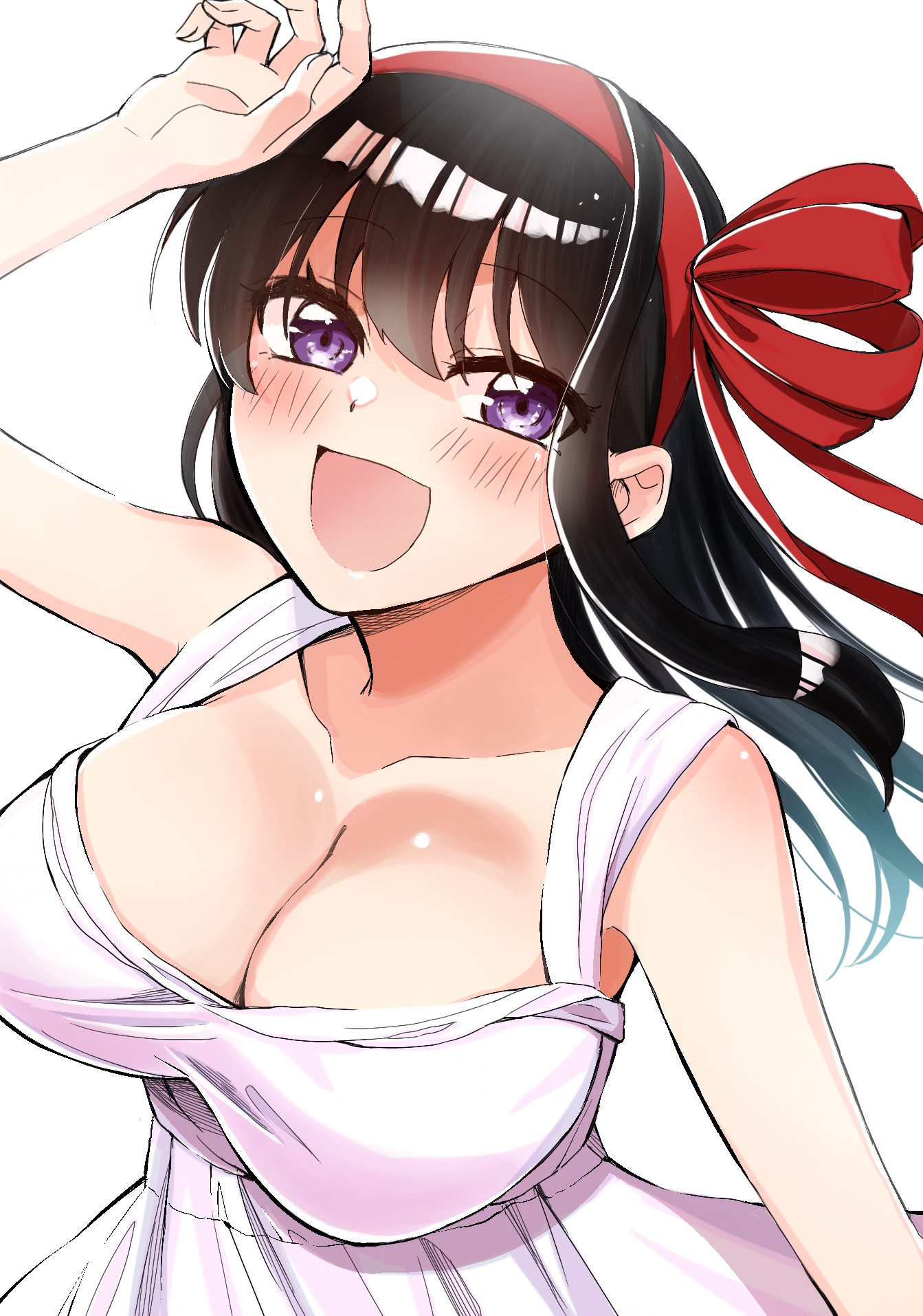 orange lili, ojou kotone, hajimete no ojou-sama, commentary request, highres, 1girl, arm up, black hair, blush, breasts, choppy bangs, cleavage, collarbone, dress, hair between eyes, hairband, large breasts, long bangs, long hair, open mouth, purple eyes, red hairband, red ribbon, ribbon, simple background, sleeveless, sleeveless dress, smile, solo, upper body, white background, white dress