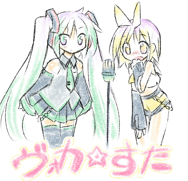 ein (artist), ein (long cake), hatsune miku, hiiragi kagami, hiiragi tsukasa, kagamine rin, lucky star, vocaloid, translated, 2girls, blush, cosplay, crossover, hatsune miku (cosplay), headphones, kagamine rin (cosplay), long hair, microphone, microphone stand, multiple girls, open mouth, short hair, sisters, skirt, standing, thighhighs, tongue, twins, twintails, very long hair