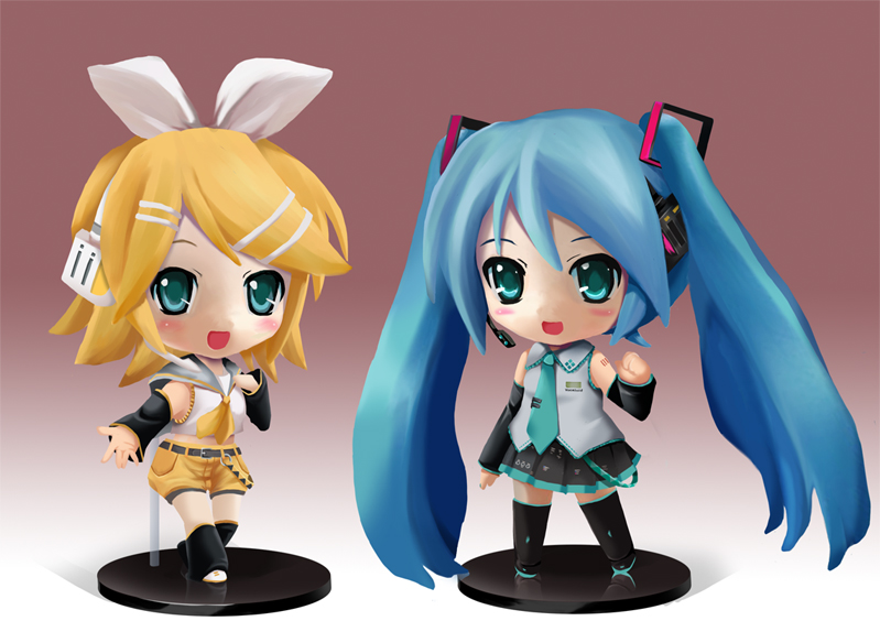 tomusooya, hatsune miku, kagamine rin, nendoroid, vocaloid, 2girls, aqua eyes, aqua hair, belt, blonde hair, blush, bow, chibi, detached sleeves, figure, hair bow, headphones, long hair, multiple girls, necktie, open mouth, short hair, thighhighs, twintails, very long hair