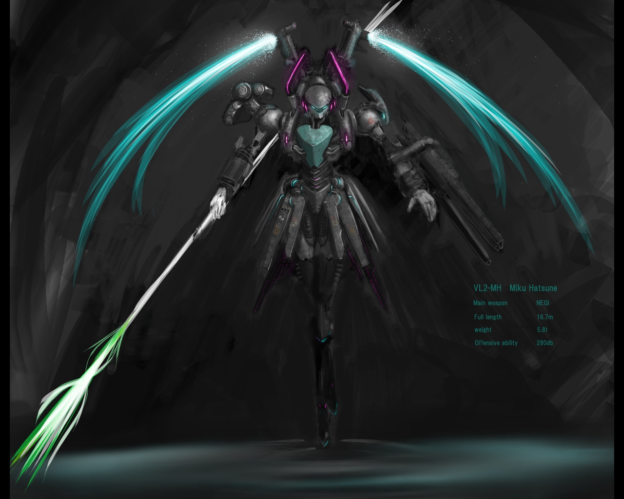 ripu, hatsune miku, vocaloid, dark, floating, headphones, mecha, mechanization, musical note, no humans, robot, solo, spring onion, star (symbol), themed object, twintails
