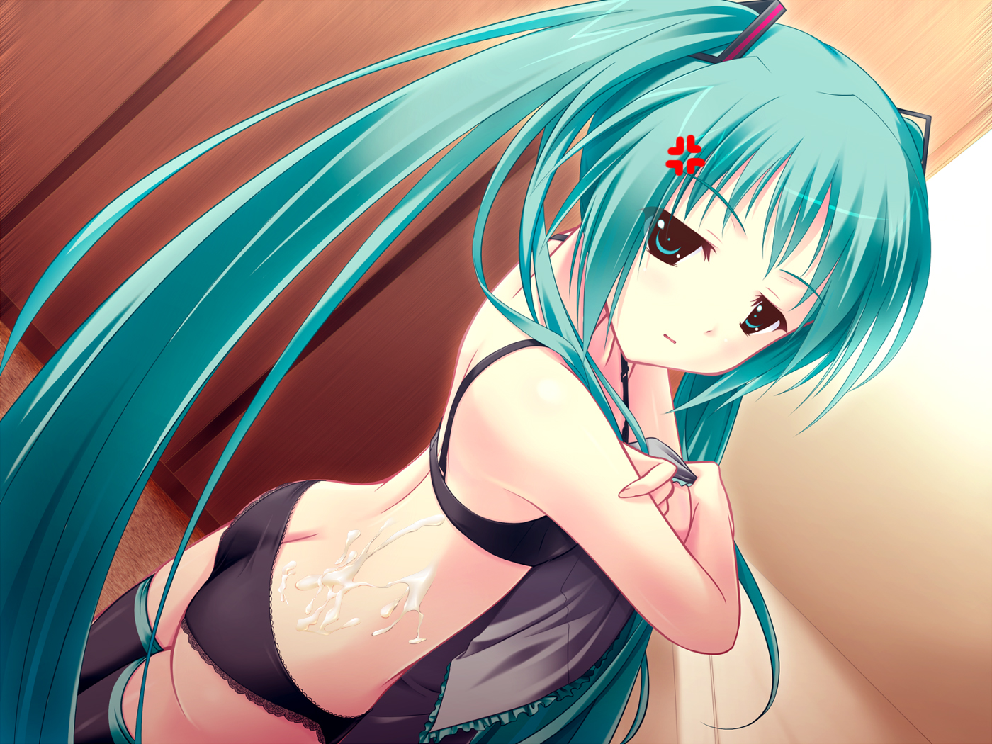 amino, hatsune miku, vocaloid, 1girl, angry, cum, cum on body, cum on upper body, green hair, headphones, lingerie, twintails, underwear, undressing