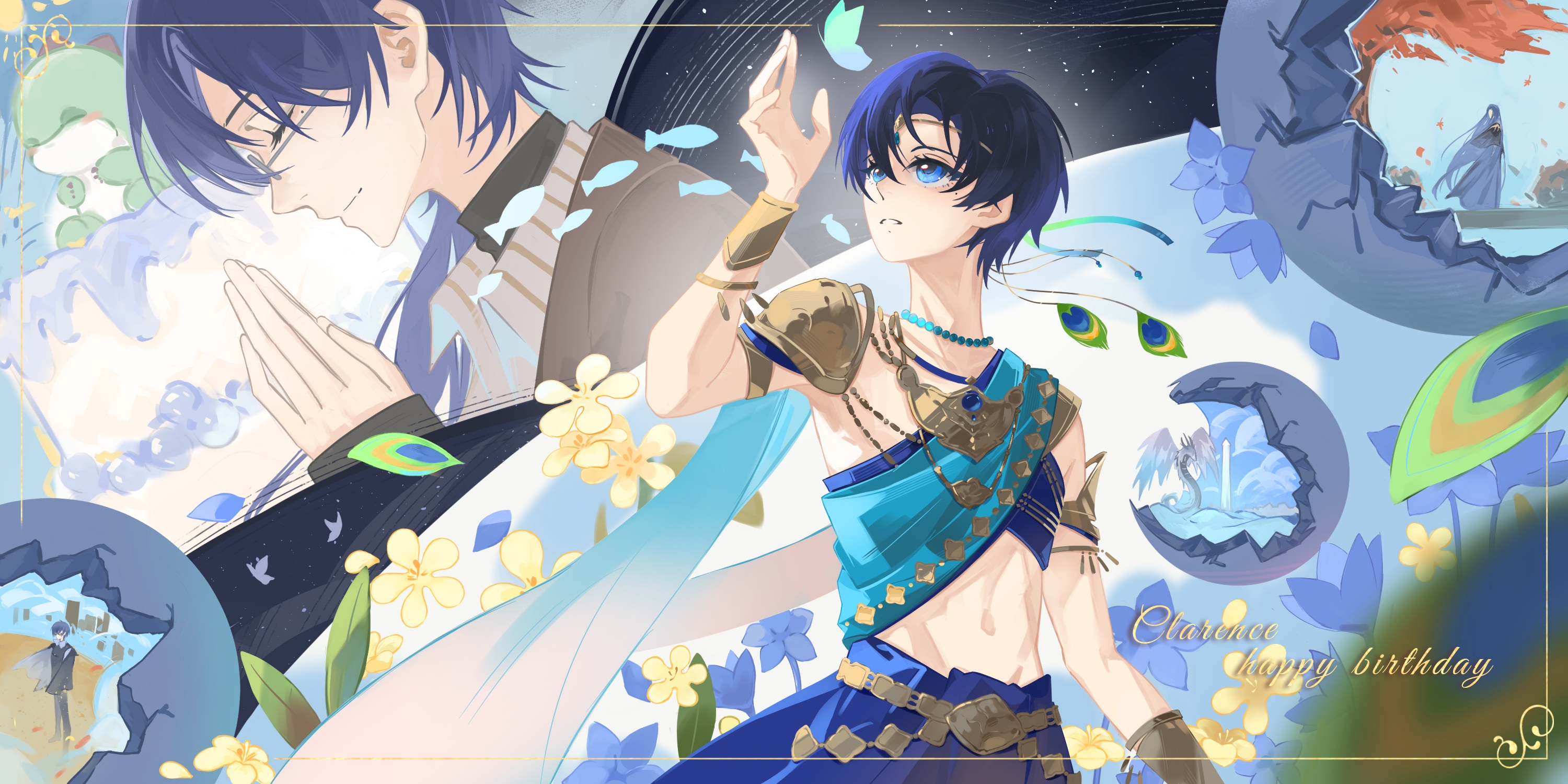 yua zhou shang deng, clarence clayden, clarence clayden (eden), clarence clayden (godheim), clarence clayden (spirit world), lovebrush chronicles, chinese commentary, highres, 1boy, age difference, aged down, aqua sash, armlet, armor, bead necklace, beads, birthday cake, black shirt, blue butterfly, blue cape, blue eyes, blue flower, blue hair, blue shirt, bracelet, bracer, broken, brown jacket, bug, butterfly, cake, cape, closed eyes, closed mouth, crop top, curtained hair, falling leaves, falling petals, feather hair ornament, feathered dragon, feathers, flower, food, glasses, gold belt, gold necklace, hair ornament, hair over shoulder, hand up, happy birthday, head chain, insect, jacket, jewelry, leaf, long hair, long sleeves, looking up, male focus, midriff, mole, mole under eye, multiple persona, multiple views, necklace, orb, own hands clasped, own hands together, parted bangs, parted lips, peacock feathers, petals, plastron (necklace), portrait, profile, sand, sash, school of fish, shirt, short hair, shoulder armor, shoulder sash, side cape, single-shoulder shirt, single bare shoulder, sky, star (sky), starry sky, stuffed dinosaur, thai clothes, tower, tree, turtleneck, turtleneck shirt, upper body, waist cape, yellow flower