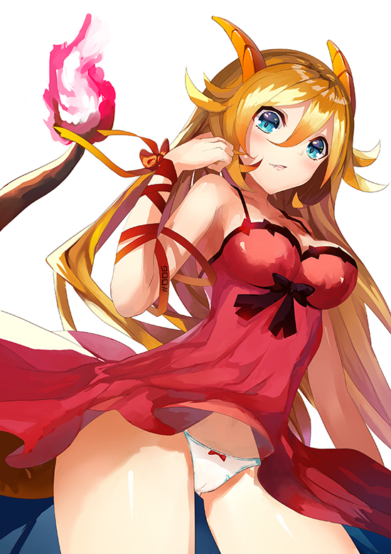 sakaraubito, charmander, nintendo, pokemon, 1girl, arm ribbon, blue eyes, blush, bow, bow panties, breasts, brown hair, cameltoe, cleavage, dress, fang, fire, flame-tipped tail, gen 1 pokemon, hair between eyes, horns, long hair, orange horns, panties, parted lips, personification, red dress, red ribbon, ribbon, solo, tail, underwear, white background
