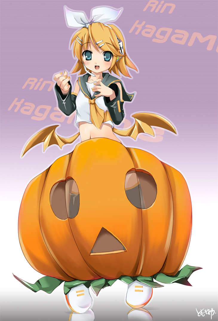 tomusooya, kagamine rin, vocaloid, 1girl, :o, blonde hair, blouse, character name, cowboy shot, detached sleeves, full body, gradient background, hair ornament, hair ribbon, hairband, hairclip, halloween, halloween costume, headphones, jack-o'-lantern, long sleeves, looking at viewer, music, open mouth, pumpkin, ribbon, sailor collar, school uniform, serafuku, shirt, singing, standing, swept bangs, text focus, twintails, white shirt