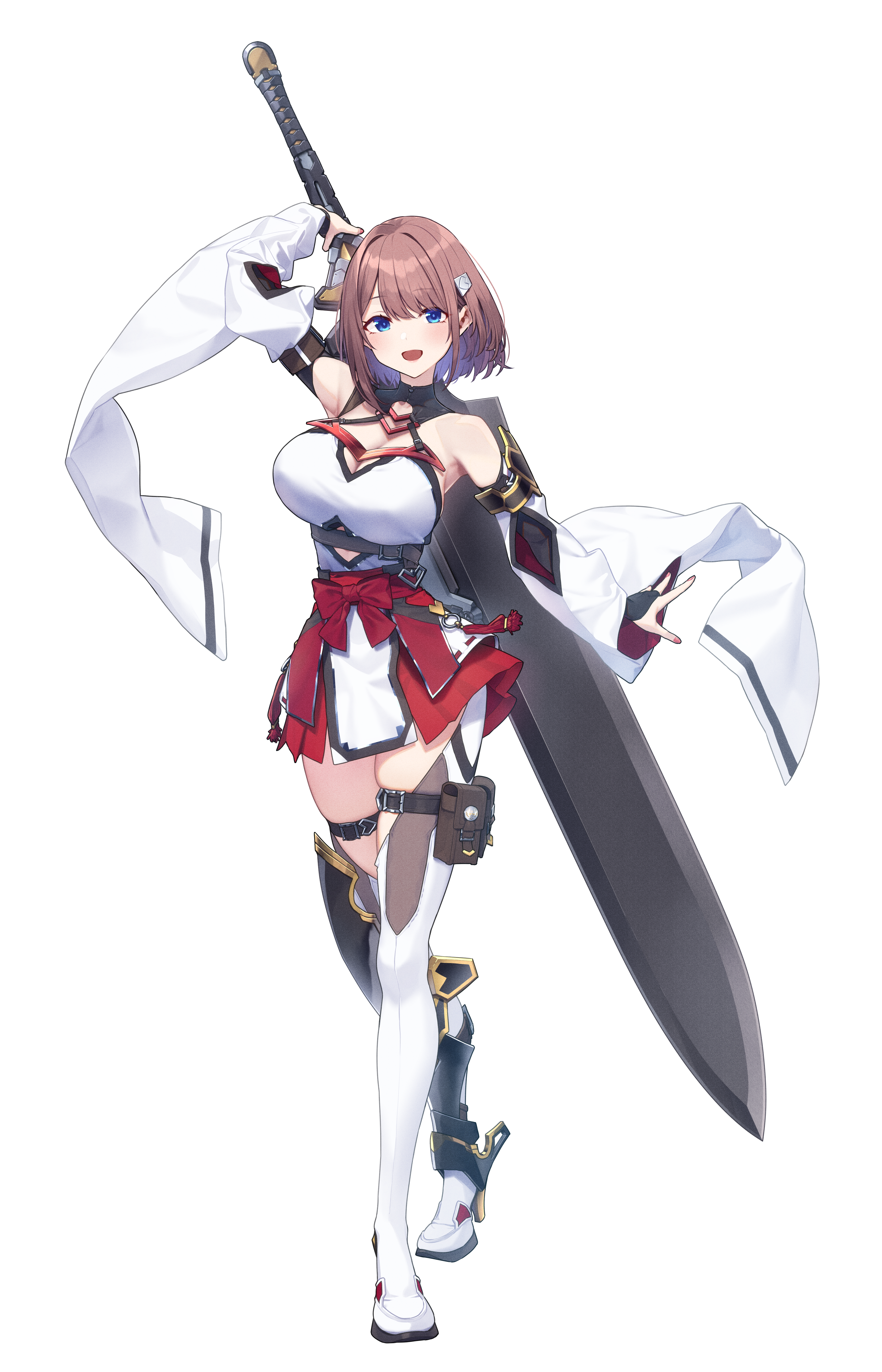 baffu, hitoyo (baffu), original, absurdres, commentary request, highres, 1girl, arm behind head, arm up, armor, armpits, bare shoulders, belt pouch, black bridal gauntlets, blush, boots, breasts, bridal gauntlets, brown hair, cleavage, detached sleeves, full body, hakama, hakama short skirt, hakama skirt, high heel boots, high heels, holding, holding sword, holding weapon, japanese clothes, large breasts, looking at viewer, open mouth, pouch, purple eyes, red hakama, short hair, simple background, skindentation, skirt, smile, solo, standing, sword, thigh boots, thigh pouch, thighs, weapon, white background, wide sleeves